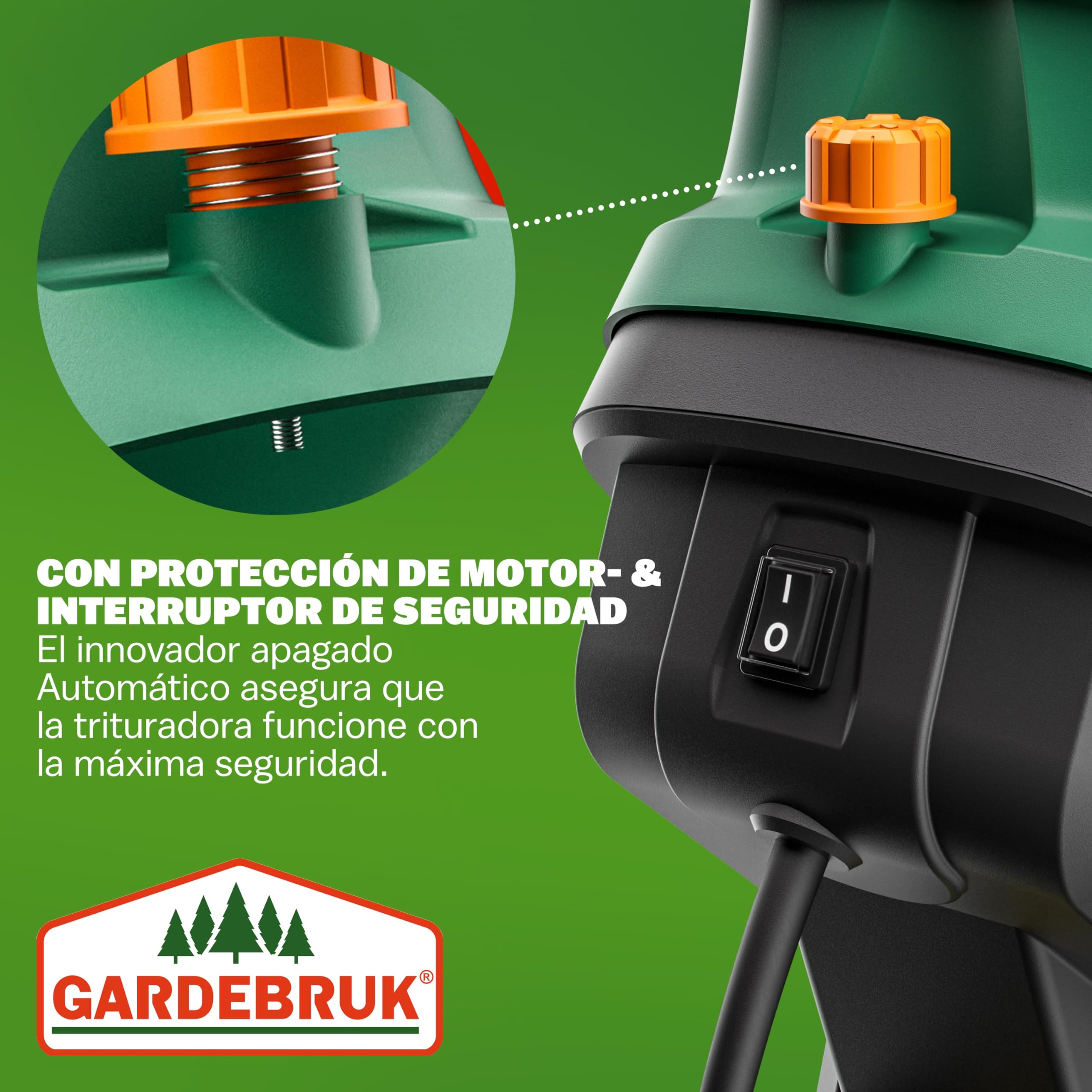 GARDEBRUK® Trituradora de Ramas Ø45mm, Triturador Electrico Jardin, Corta Troncos Leña, 2400W, Bolsa de Recolección 50L, Cuchillas de Acero, Residuos