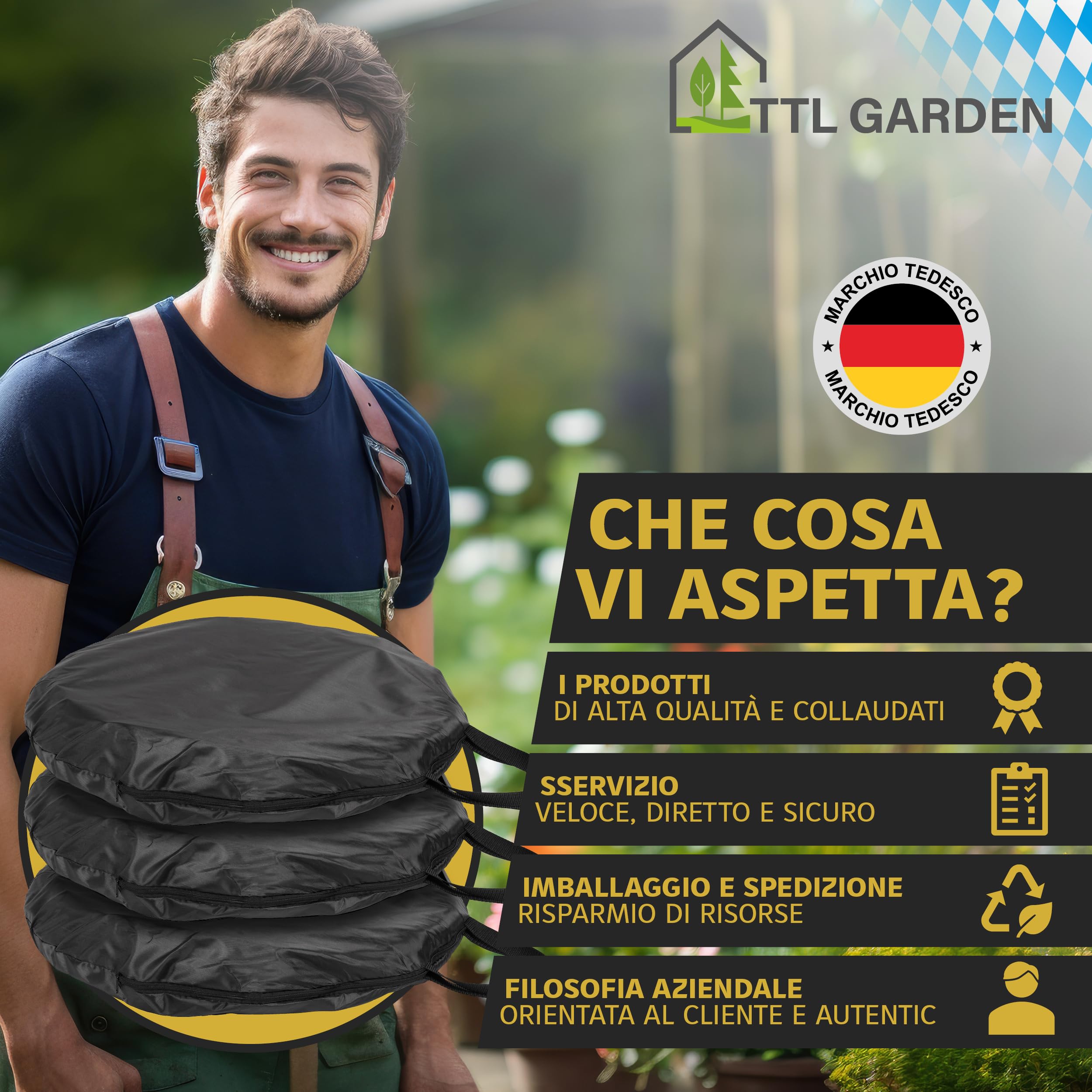 TTL Garden Black SUPERIOR 3 X 215L Pop Up Sacco da giardino – Doppio fondo 260 gsm extra stabile 600D Oxford Set di 3 sacchi per rifiuti da giardino da 215 litri pieghevole taglio verde da giardino
