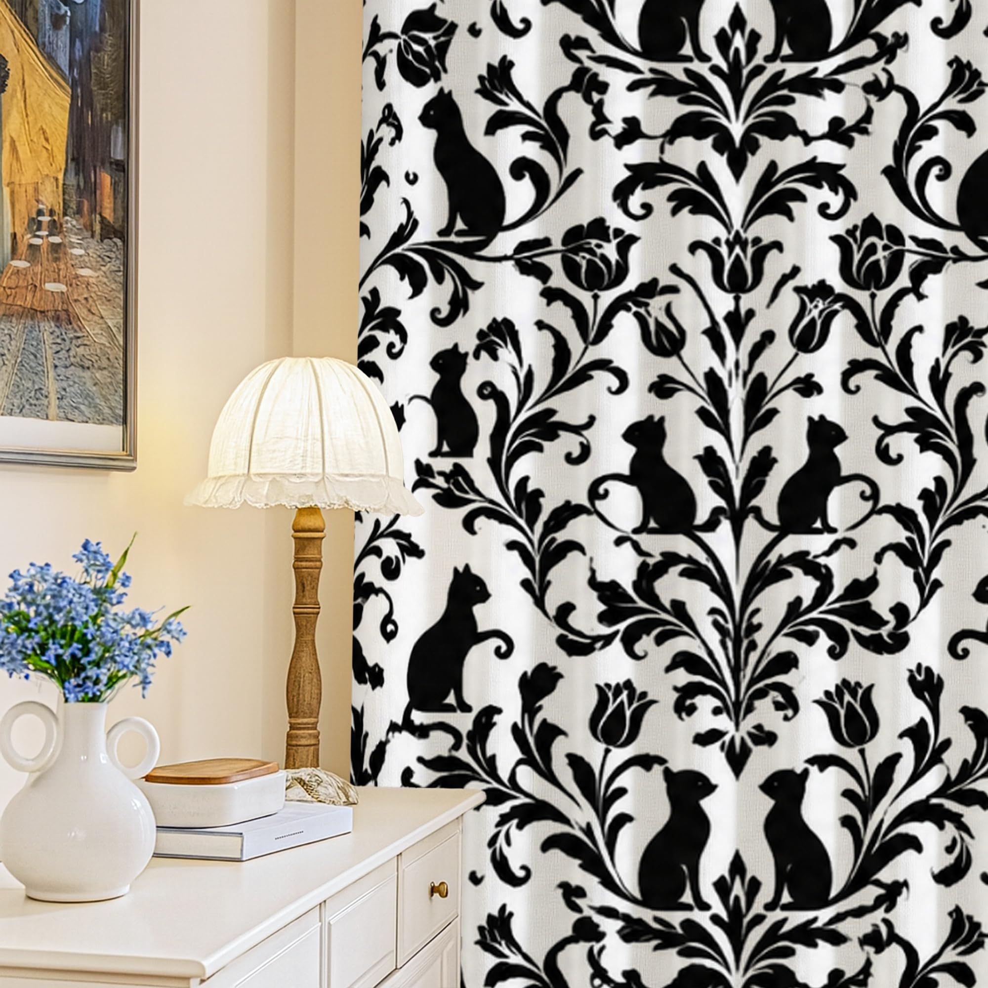 Rideau occultant chat noir et feuille style victorien 132x213cm