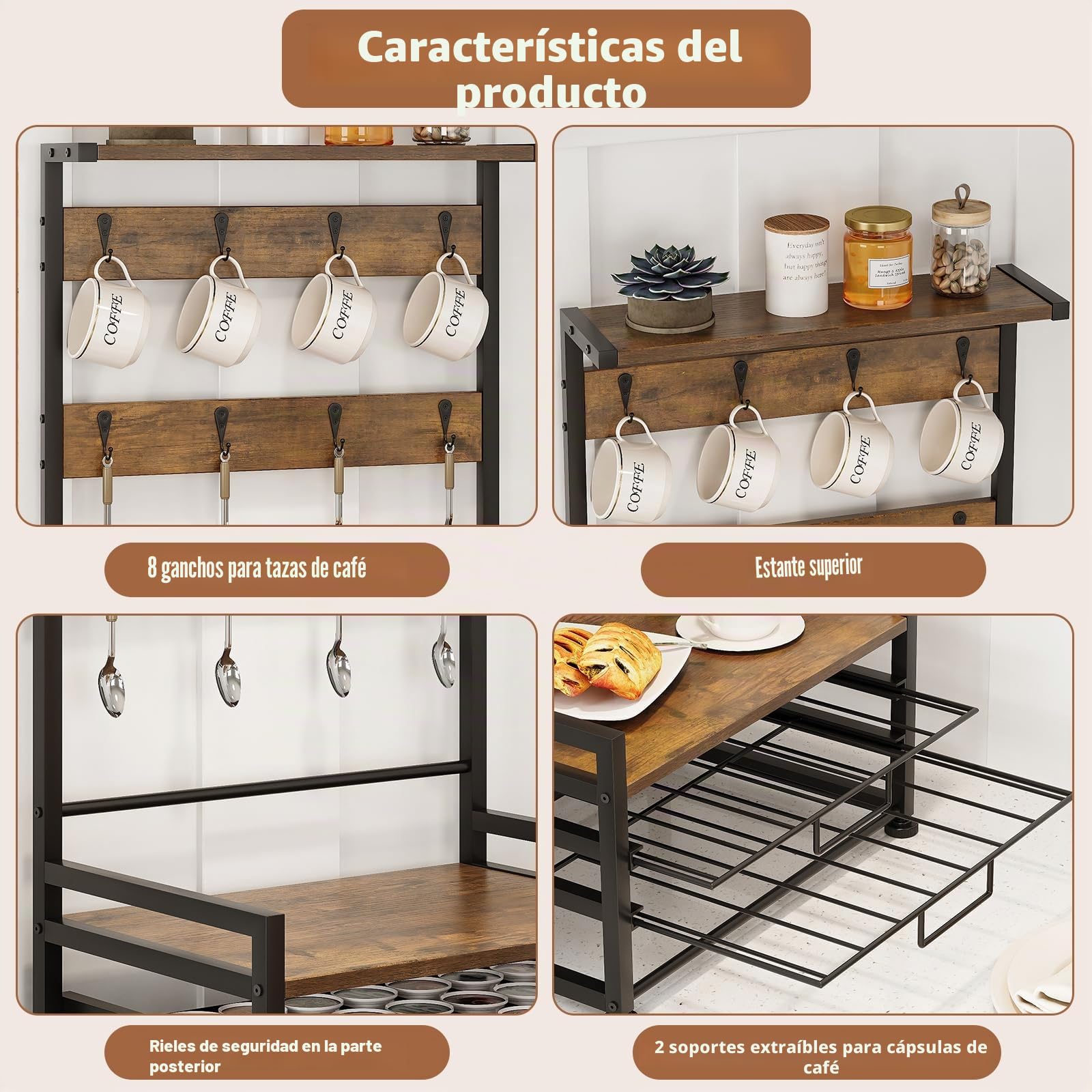 Soporte para cápsulas de café de 3 niveles con cajón para 56 cápsulas, 8 ganchos para tazas, jarabe y especias, estante para cocina, cafetería, oficina, encimera, marrón