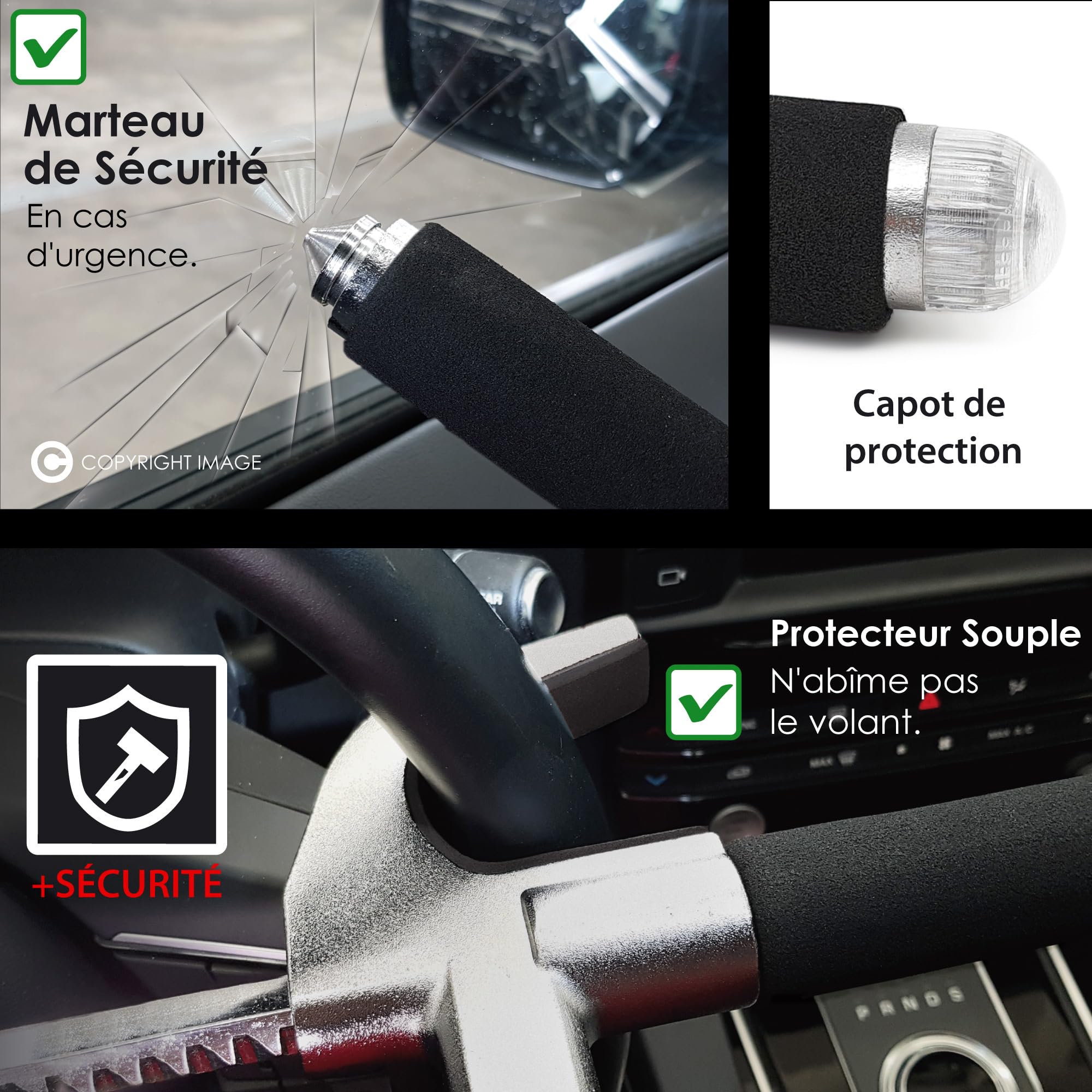 KRASER WA839B Antivol Voiture, Haute Sécurité, Canne Antivol Voiture Renforcée, Bloque Volant Trés Visible et Dissuasif, Barre Plus Réglable, Marteau Secours, Bloc Anti Vol Universel Auto Camping-Car