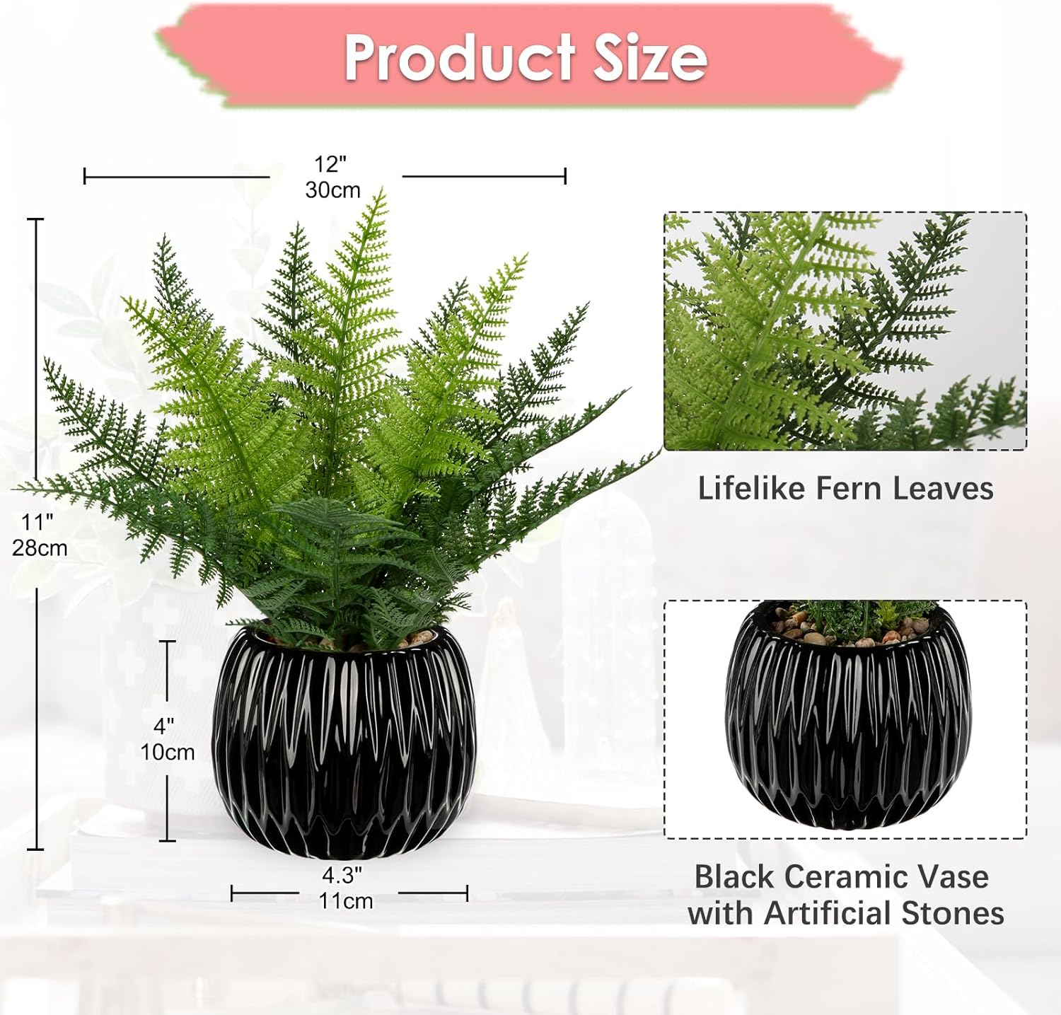 DILATATA Faux Plant Indoor in Ceramic Pot 11" Artificial Potted Fern Fake House Plants for Desk Office Bathroom Garden Decoration - Black