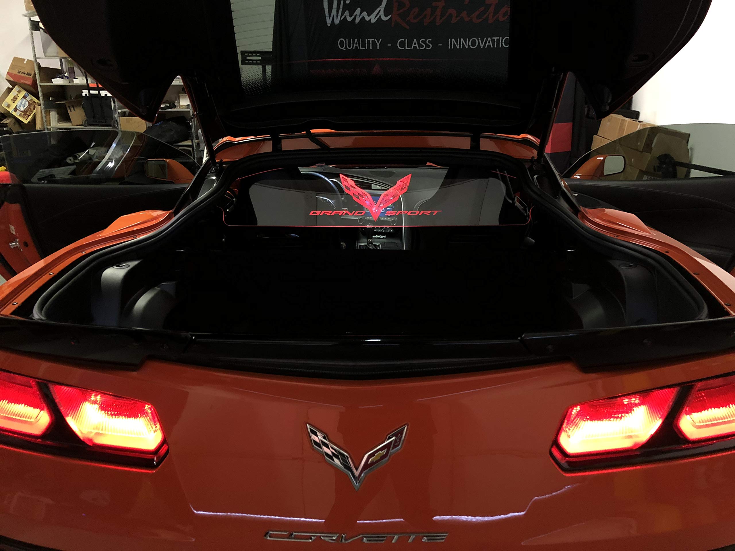 WindrestrictorGlow Plate Accessory for C7 Corvette Coupe Targa Top 2014-2019, Flags-Grand Sport Corvette Graphic Logo, Multi-Color LED w Dimmer Remote, Bundle Price