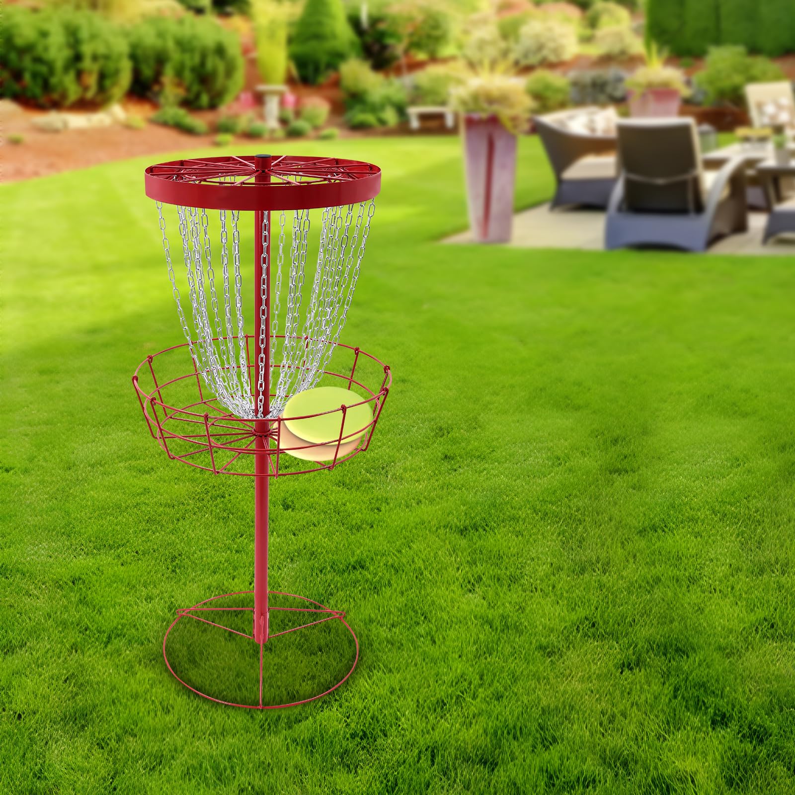 Disc Golf - Cesta de golf independiente con 24 cadenas, disco portátil, objetivo para ejercicio al aire libre, 64,5 cm de diámetro, con 4 clavos de suelo, adecuado para principiantes y