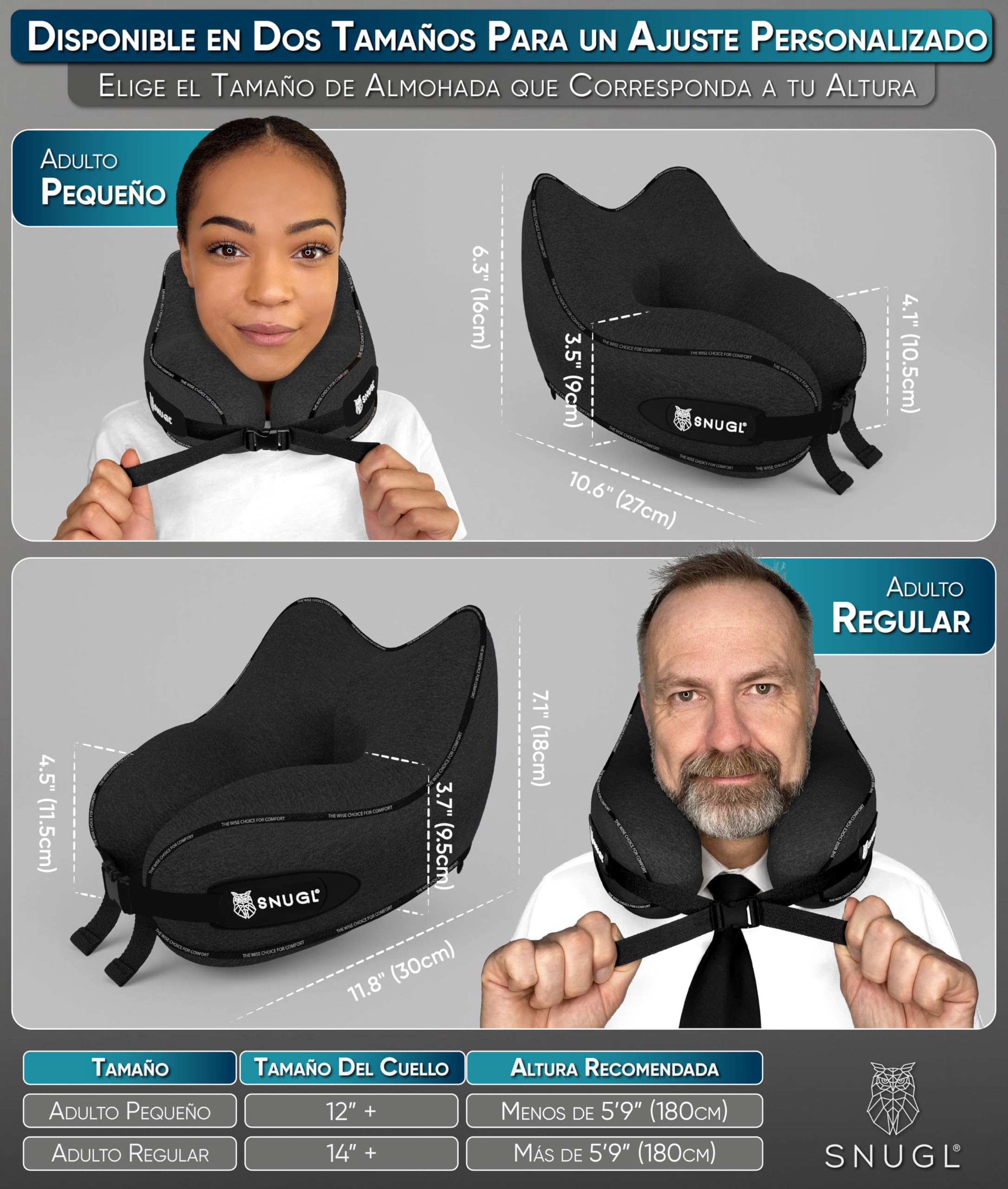 SNUGL Almohada de Viaje Ergonómica – Cojín Cuello Viaje de Espuma Viscoelástica | Almohada Cervical con Bolsa de Transporte para Coche y Avión | (Negro - Adulto Pequeño)