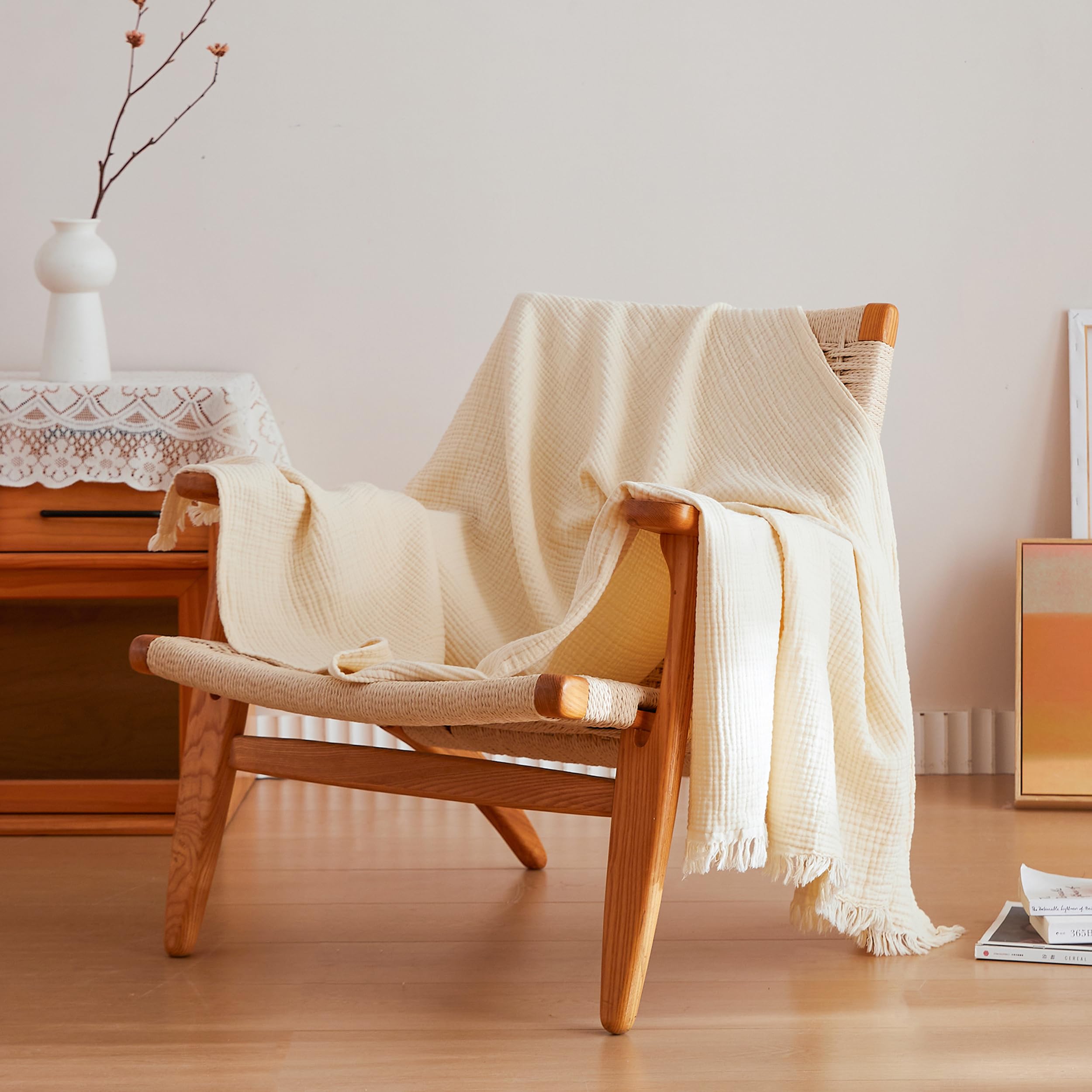 Simple&Opulence Cotton Muslin Throw Blanket 4 Layers for Bed, Couch, Woven Gauze Blanket with Tassels, Soft Lightweight Cozy Pre-Washed Breathable