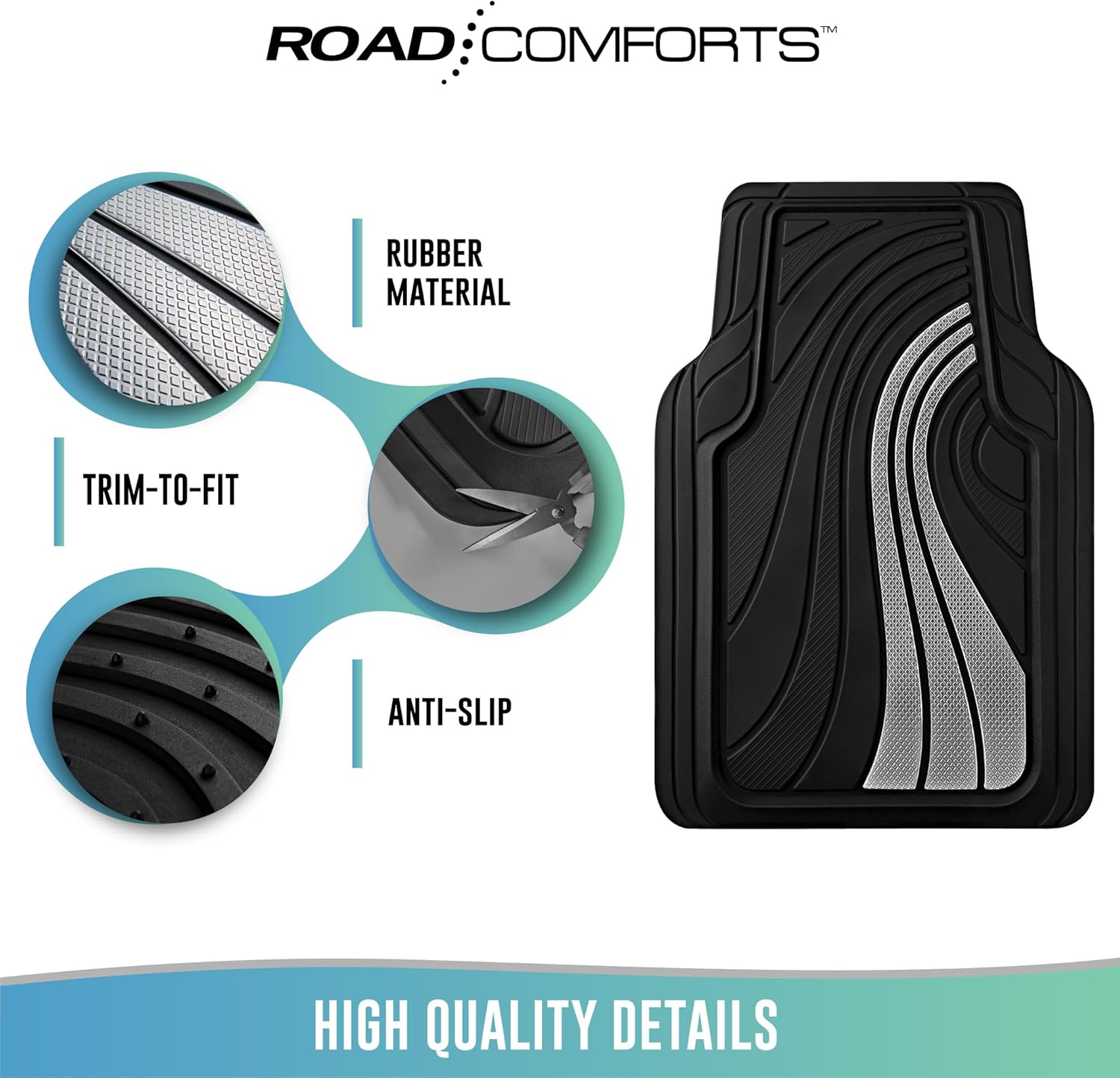 Road Comforts Car Floor Mats Full Set – Front & Rear Car Floor Mats with Aluminum Design, Anti-Slip Backing, All-Weather Protection, Trim-to-Fit Car Mats for Most Sedans, SUVs & Vans - Sliver - Image 7