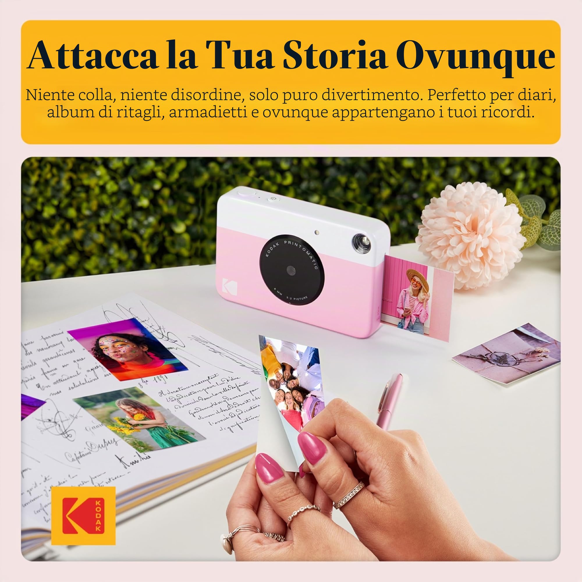 KODAK Printomatic Pacchetto iniziale per macchina fotografica a stampa istantanea a colori + Custodia morbida + Carta fotografica Zink 20pk - Foto colorate su carta adesiva 2x3" - Rosa
