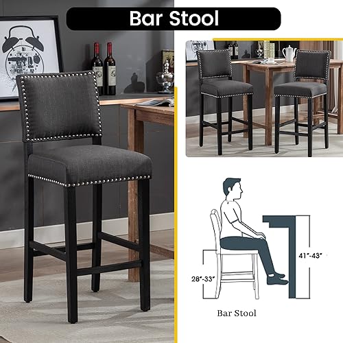 Miniatura 5 de KCC Juego de 2 taburetes de bar de 29 pulgadas, tapizados para islas de cocina, borde de cabeza de clavos, color gris