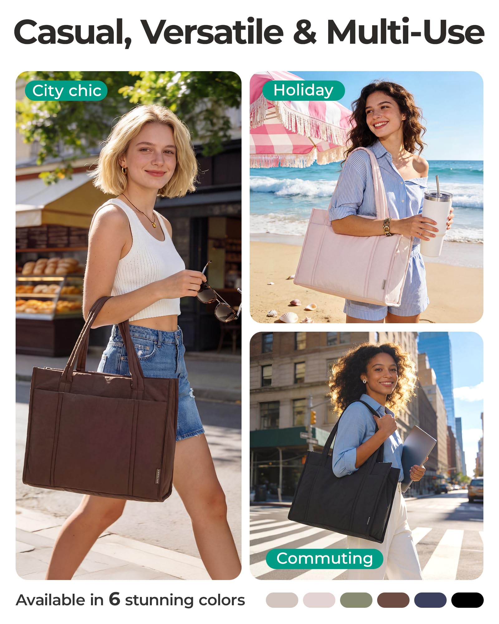 BAGSMART Tote Bag for Women, 2Pc Puffer Tote Bag Set with Zipper, Quilted Large Work Teacher Bag for Travel - 3