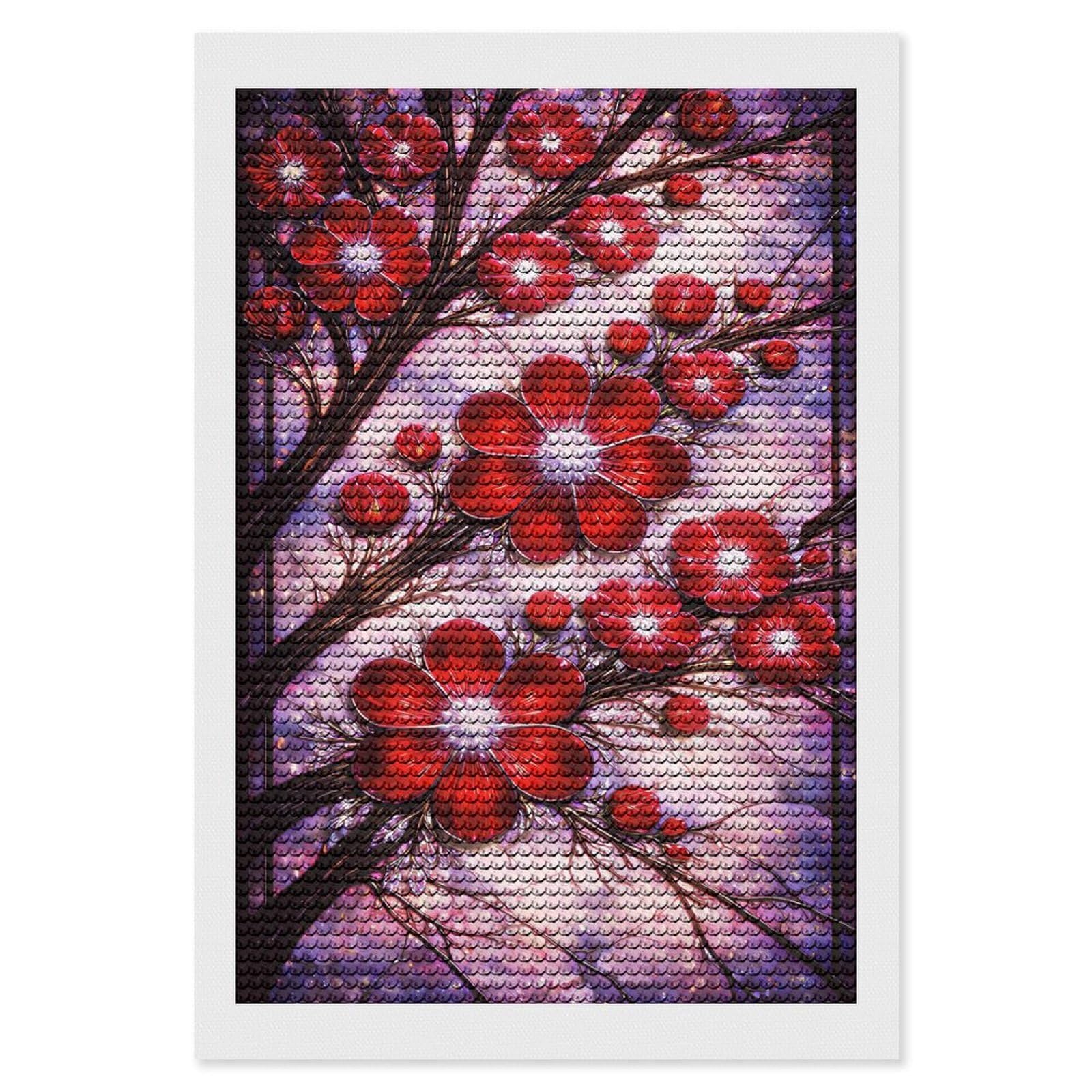 Junmoney Red Flowers on Branches Diamond Art Canvas 8"x12", for Teens, Nice Detail and Sparkle, Farmhouse Decor, Festive Craft Gift, Easy to Enjoy