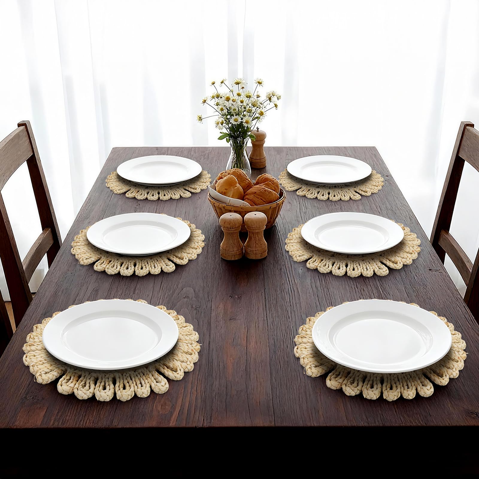 Lot de 6 Sets de Table Ronds Tressés Tournesol 30 cm, Décoration de Table Style Naturel et Bohème, Résistants à la Chaleur, pour Cuisine et Salle à Manger, Beige