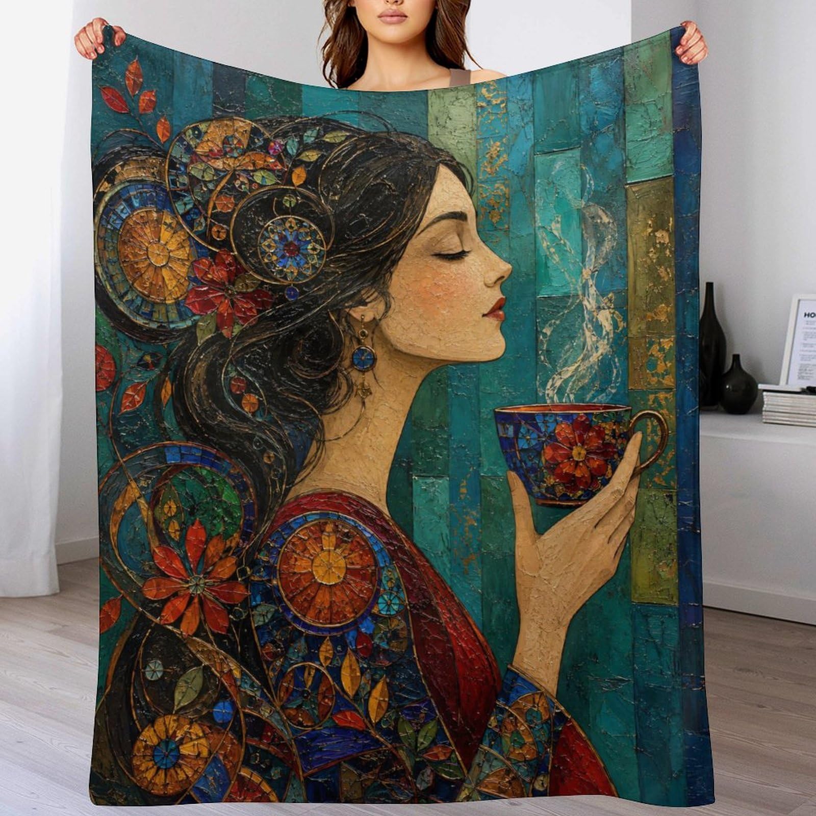 Donna con tazza da tè Coperta Arte del mosaico Coperta TV Calda | coperta divano morbida con Gioiello bizantino, per divano, letto, relax quotidiano, 175x200cm(70x80in)