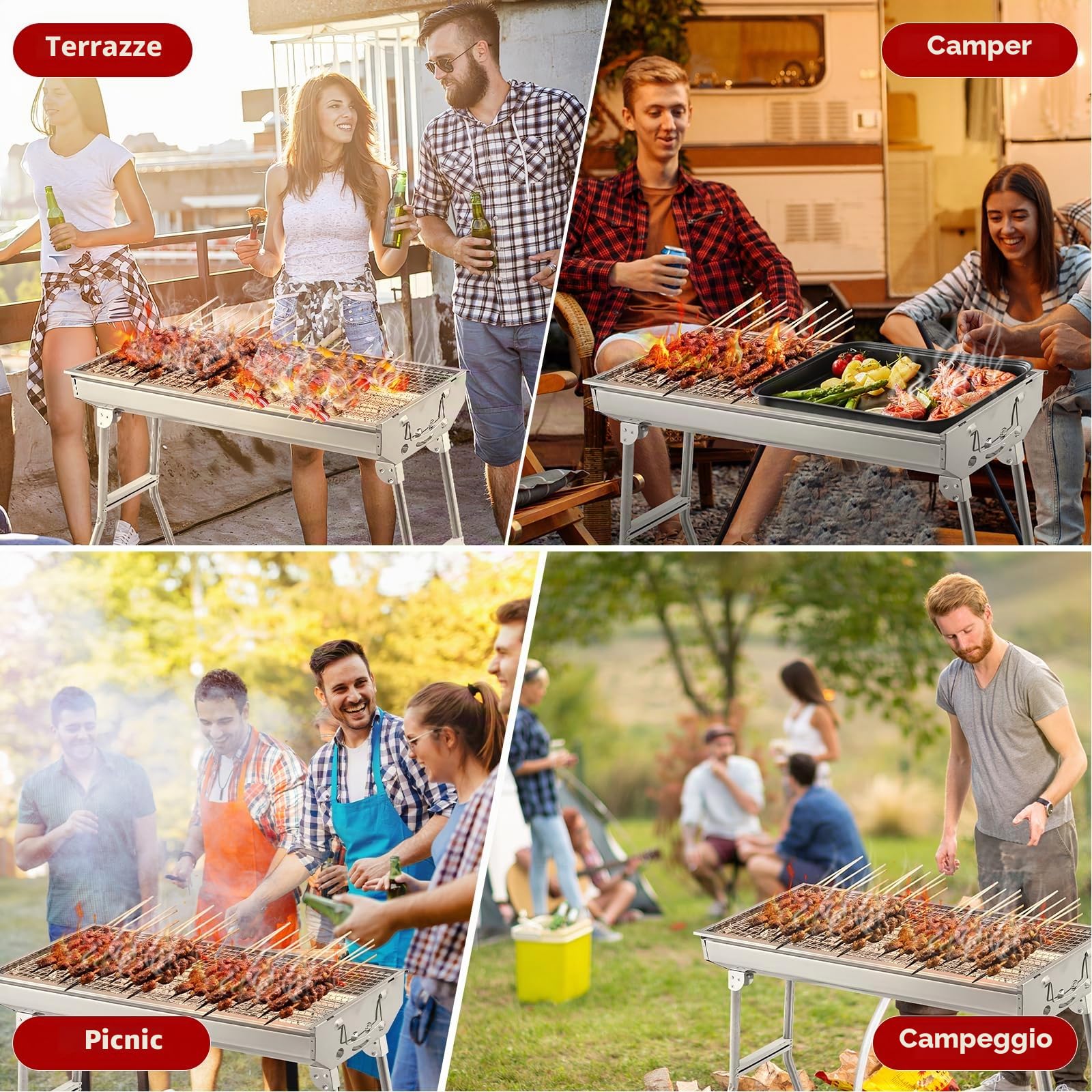 Barbecue a carbonella XXL, Barbecue portatile a carbone, Griglia pieghevole in acciaio inox, Barbecue a carbone per esterni con tagliere per spezie, cestino portaoggetti, barbecue pieghevole da tavolo