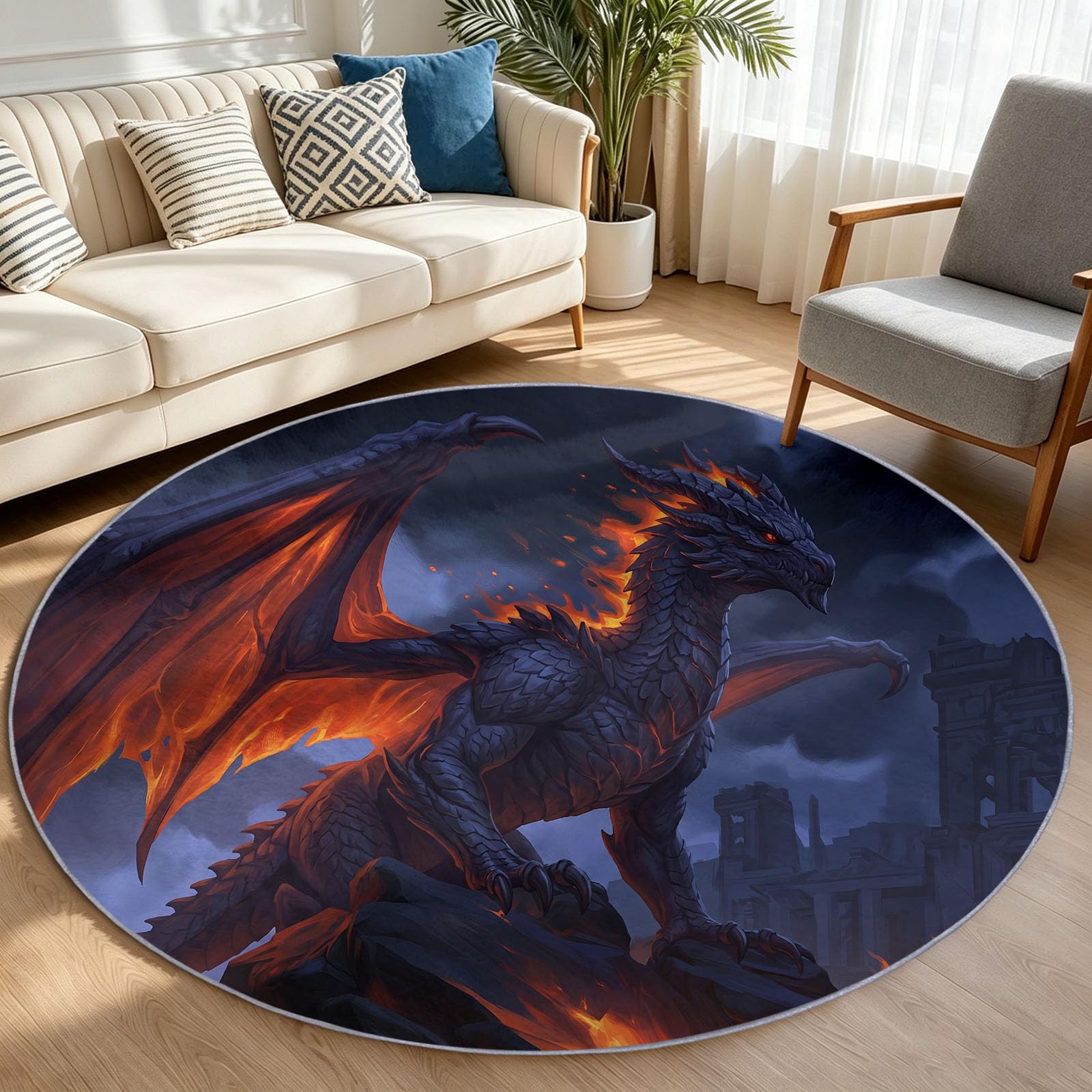 Generisch Teppich Rund 120 cm Cartoon Tier Feuer Drache Teppich