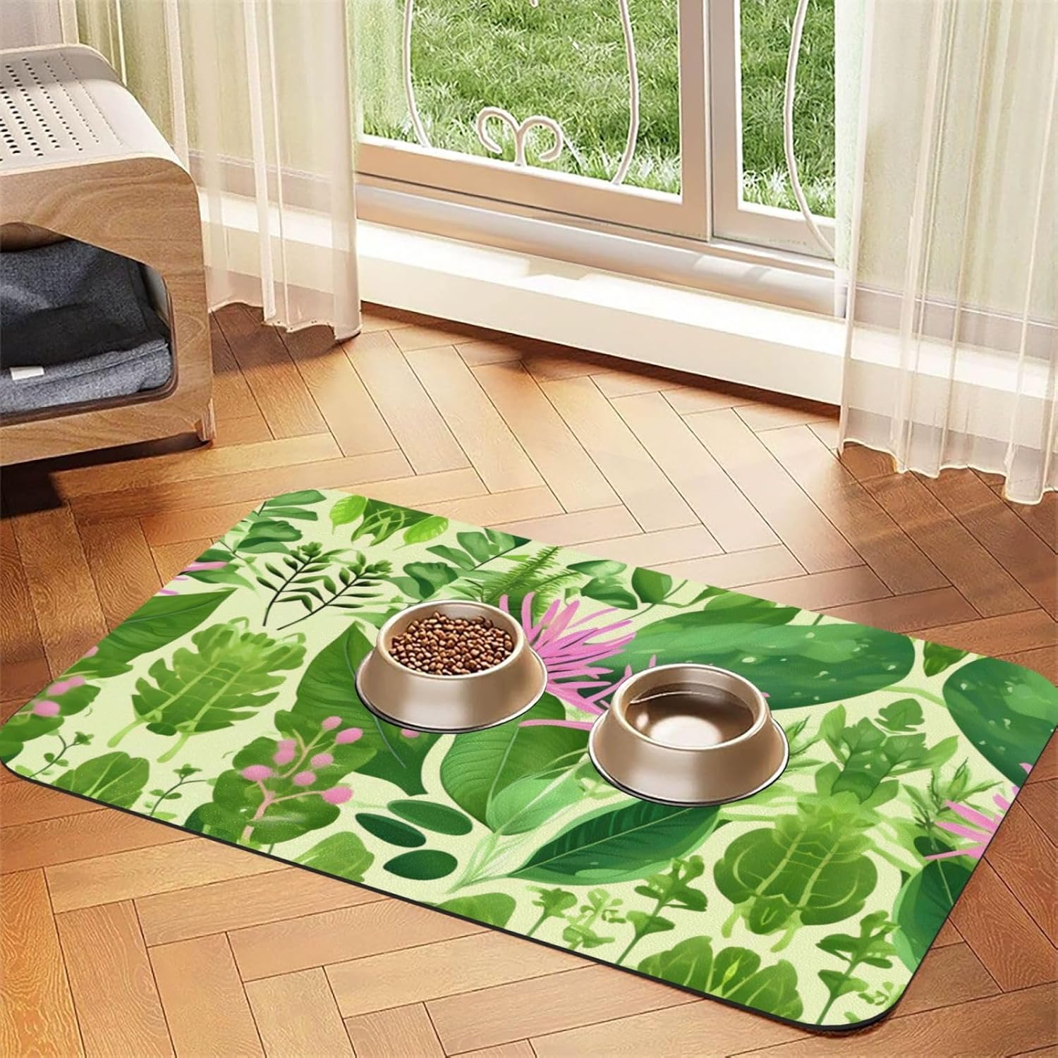 30x45cm Pink Plant Flowers Print Pet Absorbent Feeding Mat - Quick Dry Food Pad/Leather Placemat, for Dog Cat Food Bowl Water