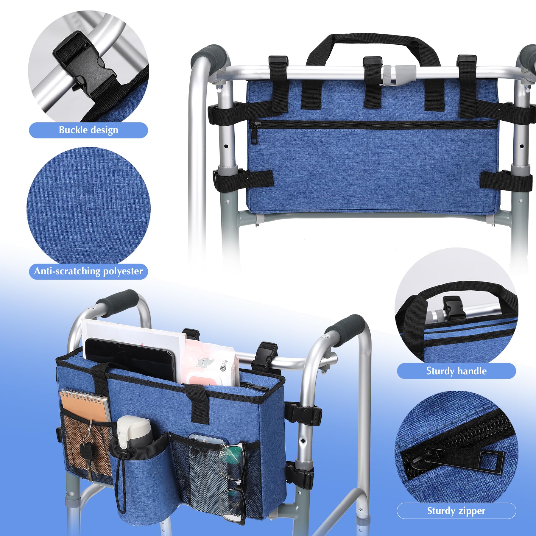 Accesorios para andador plegable con portavasos, bolsillo, organizador de bolsa de almacenamiento con hebilla (azul)