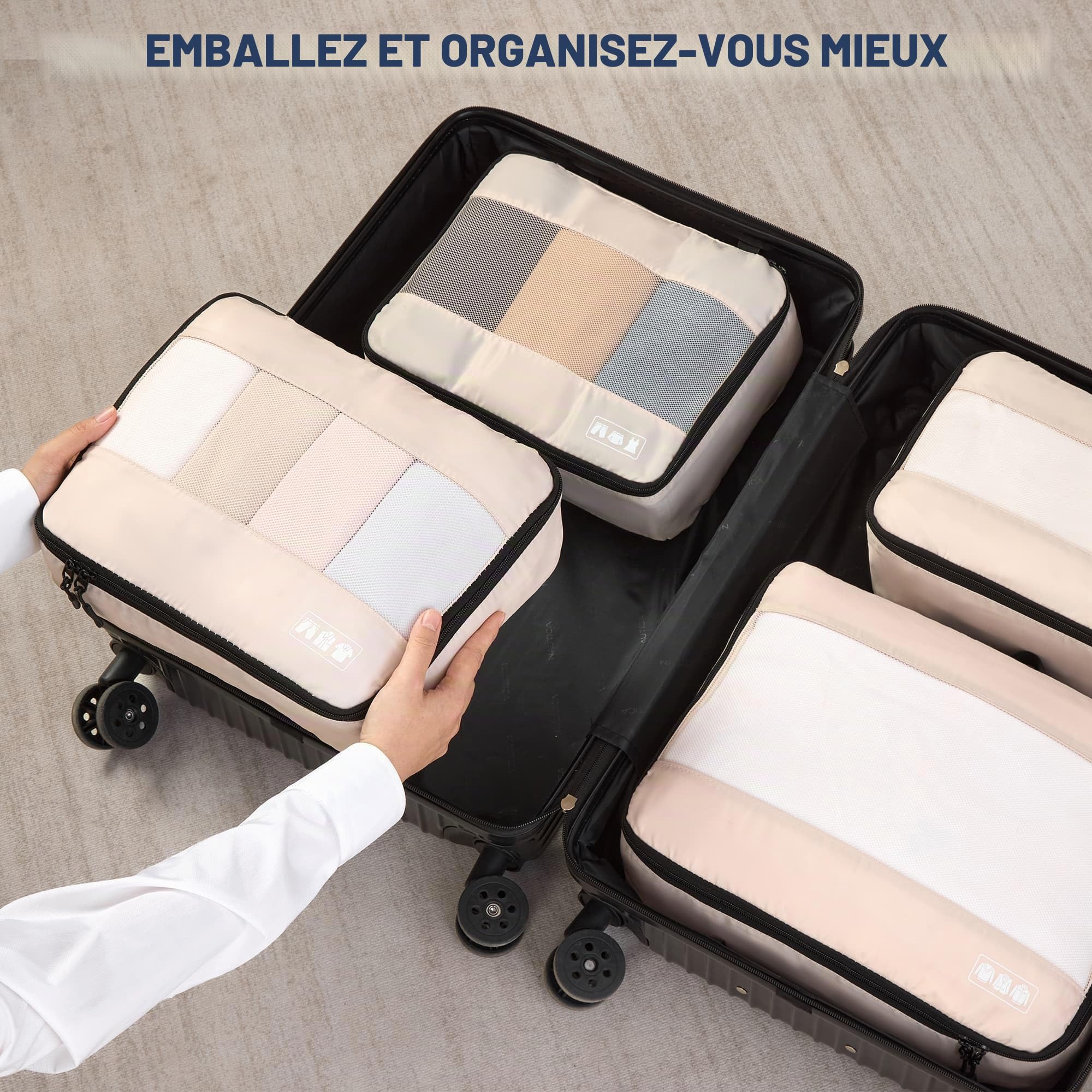 MURISE Organisateur de Valise 8 Pièces, Rangement Valise Organisateur pour les Voyages et les Vacances, Packing Cubes avec Sac à Chaussures et Sac à Cosmétiques, Voyage Accessoires, Beige