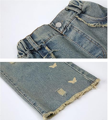 Girls Denim Pants Cute Butterflies Graphic High Waist Baggy Wide Leg Floor Length Casual Jeans with Pockets(Ag,5-6 Years)