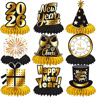 Happy New Year Honeycomb Centerpieces 2026 New Year's Eve Table Decorations 12Pcs New Year Theme Party Supplies Black and Gold Cheers to 2026 Centerpieces for Countdown Party Decor