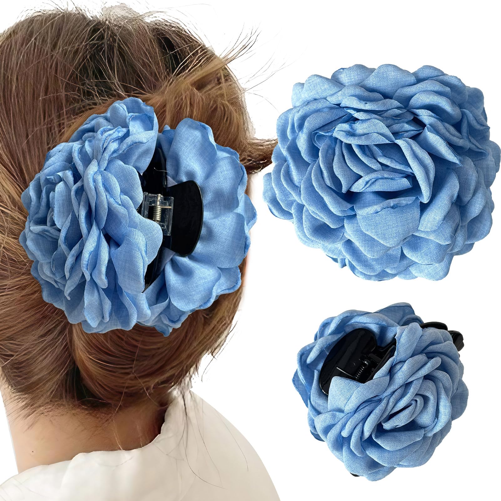 Hair Clips Fabric Flower Claw Clips for Thick/Thin Hair, Rose Hair Accessories for Women/Girls(Blue, pack of 2)