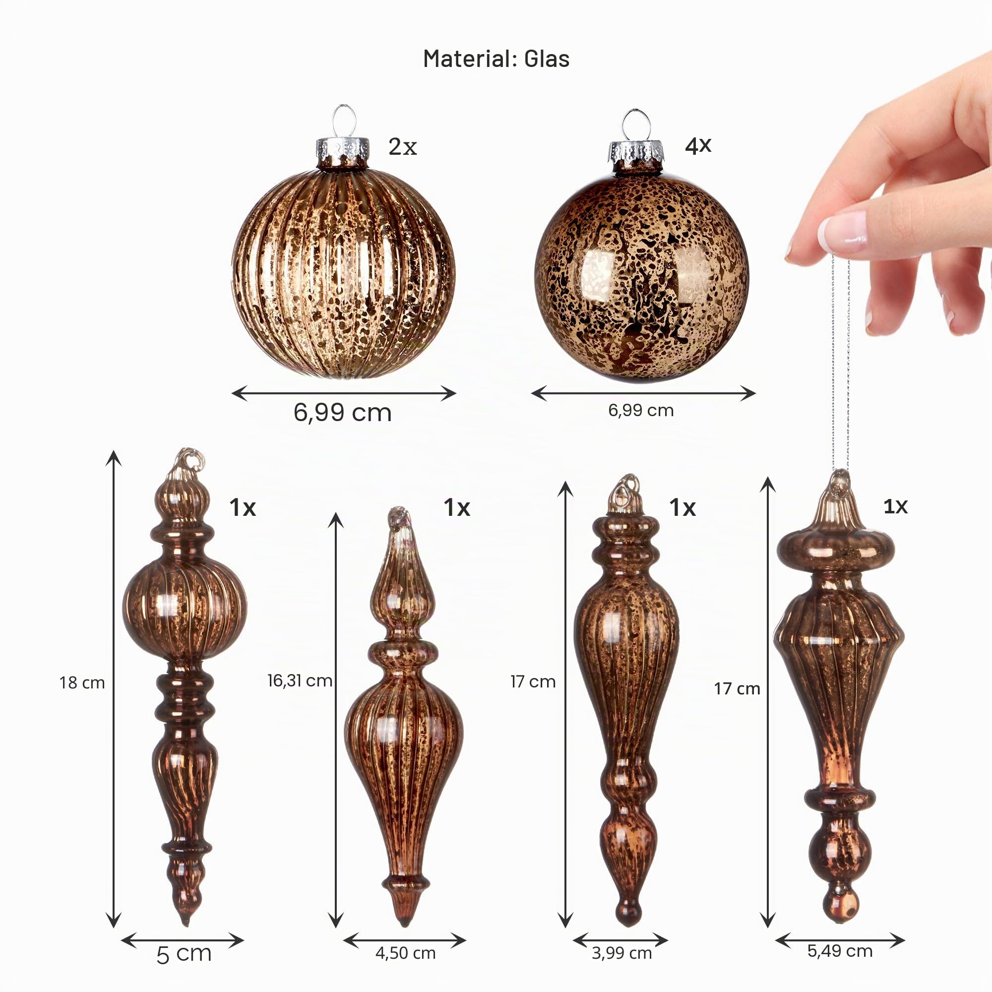 DN DECONATION Quecksilber-Glas-Weihnachtsschmuck, 10 Stück, Vintage-Stil | braune Glaskugeln zum Aufhängen, Endstücke mit verschiedenen Formen für Weihnachtsbaumdekoration, luxuriöse Weihnachtskugeln