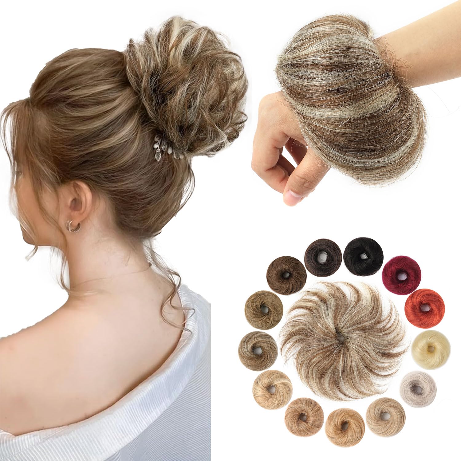 KISANOF Messy Bun Hair Piece Human Hair Medium Brown Highlighted Bleach Blonde Tousled Stretchy Fluffy Donut Ponytail Extensions for Women(1 Count #p4