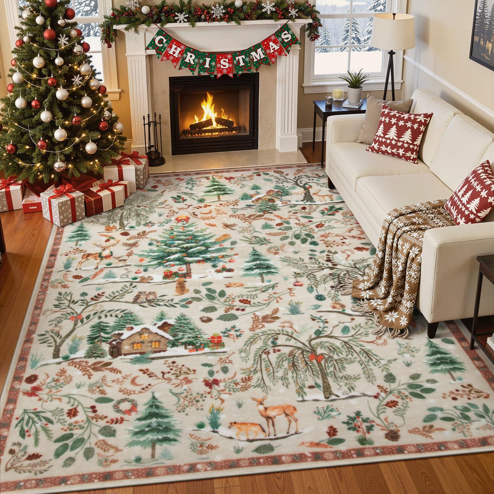 Lahome Christmas 8x10 feet Area Rug, Washable Soft Large Rug for Living Room, Non Slip Low Pile Bedroom Rug Xmas Tree Indoor Floor Carpet for Dining Room Winter Holiday Decor, Beige