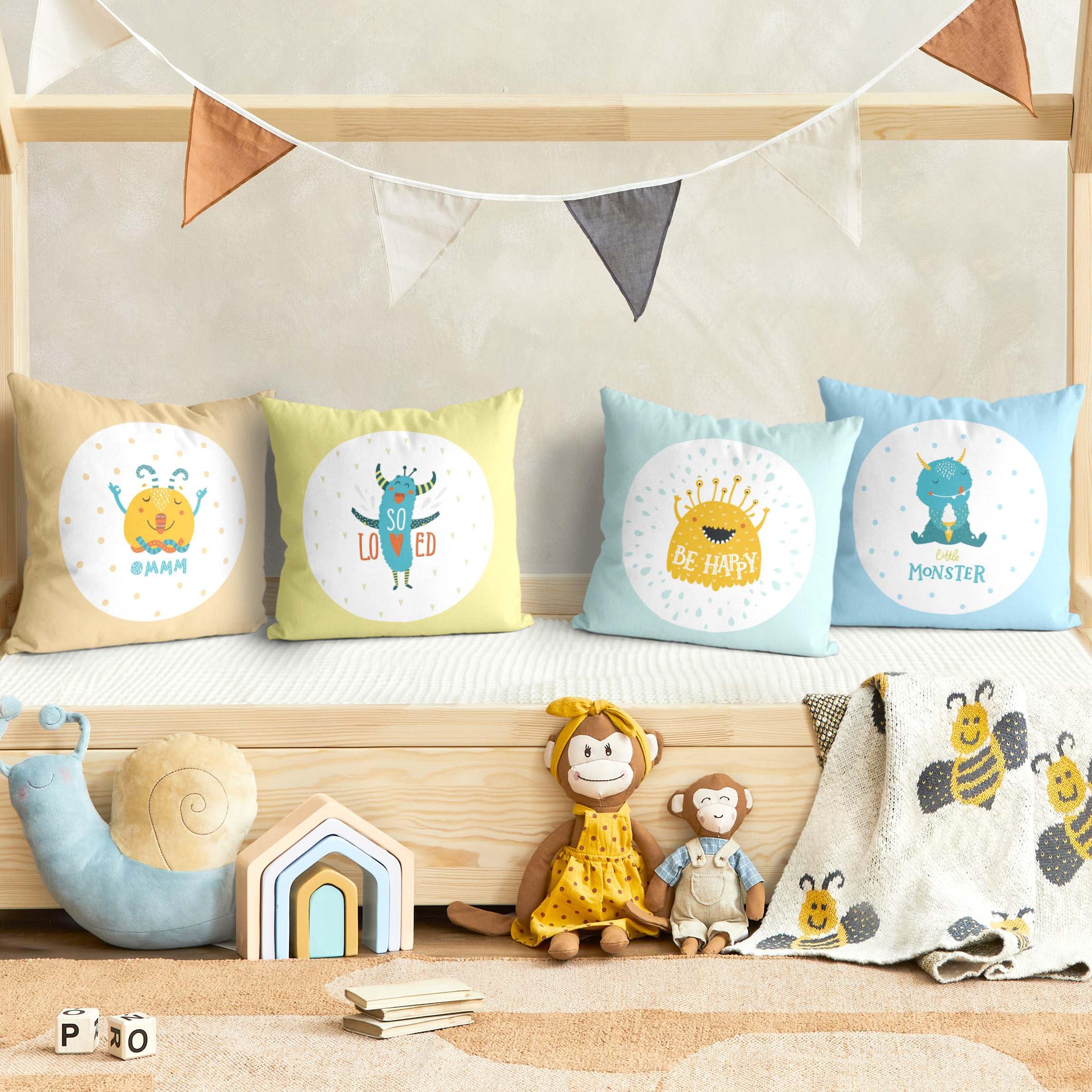 Dekokissen 4-teilig drinnen/Indoor waschbar Sprüche mit Füllung Zierkissen - Made in Germany - Design Bezug Weiss Sofakissen Illustration Indoor Sofa Bett 1072