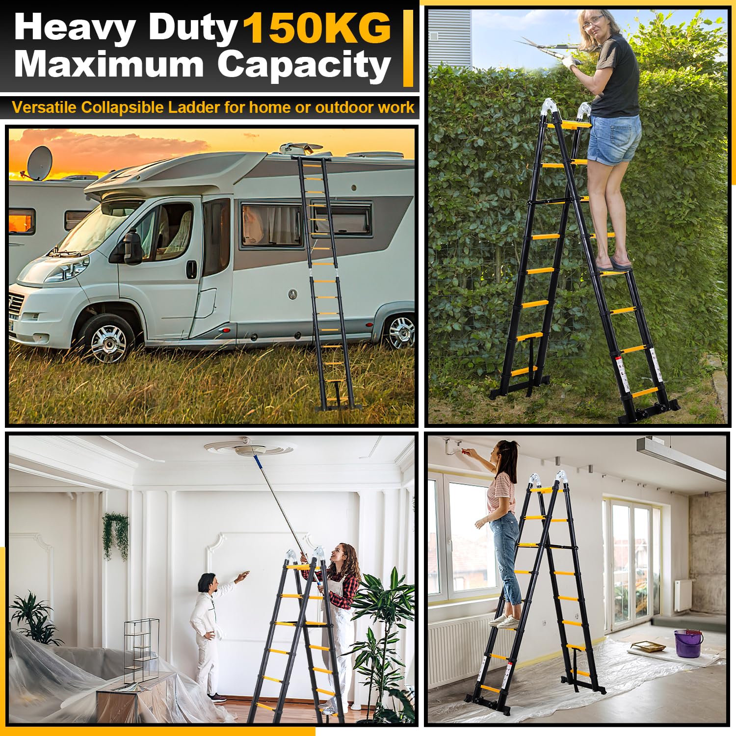 Aluminiowa drabina teleskopowa, 5 m (2,5 + 2,5 m), antypoślizgowa, wielofunkcyjna, przenośna, obciążenie do 150 kg, czarna