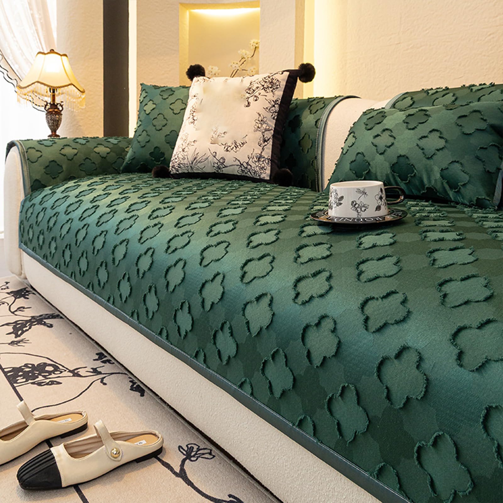 Housse de canapé en chenille verte 110x360cm jacquard épais