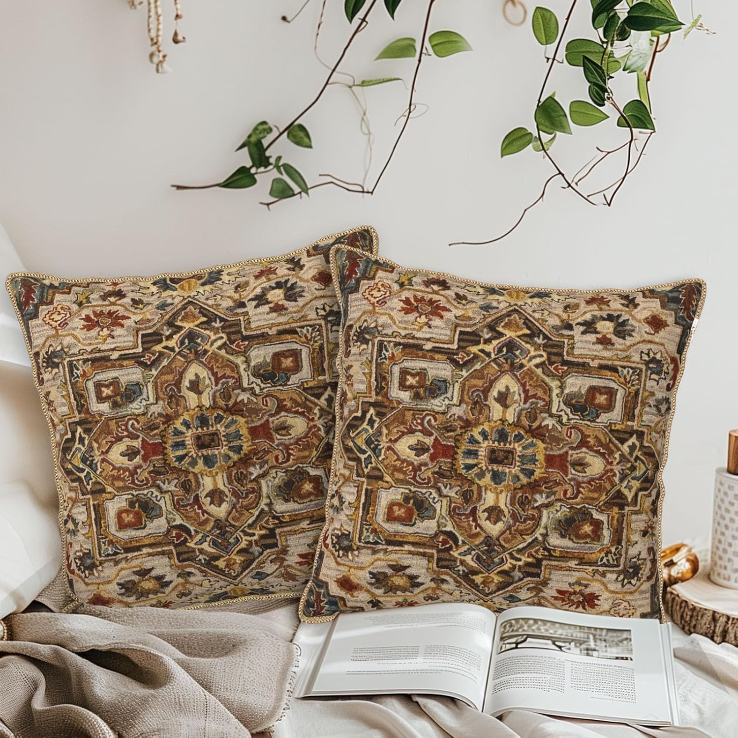 KSLIDS Boho Brown Soft Velvet Throw Pillow Covers Set of 2 Vintage Bohemian Rug Carpet Decorative Pillow Covers 18x18 Inch Antique Ethnic Pillow Case for Sofa Couch Living Room Home Decor