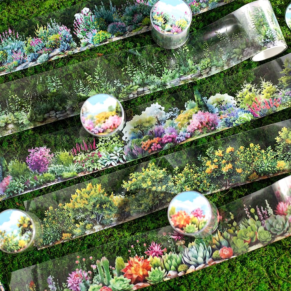 6 Rolls Colorful Floral Washi Tape Set Spring Plant Landscape Scrapbook Tape Vintage Flower Stickers for Journaling Supplies Transparent PET Washi Tapes Junk Journal Scrapbooking Craft Decorative Tape