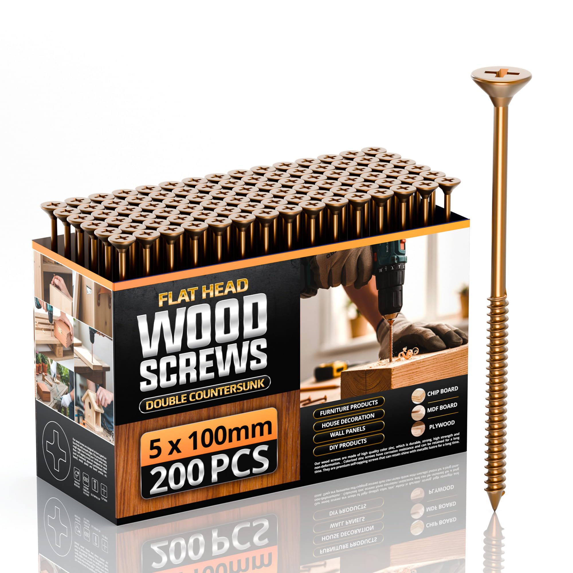 Ledsone 5 X 100Mm Wood Screws 200Pcs - Zinc-Plated Extra Strong Countersunk Pozi Drive Head Wood Screw Set – For Floorboard,Wood Fences, Large Heavy Duty Self Tapping Decking Screw Set