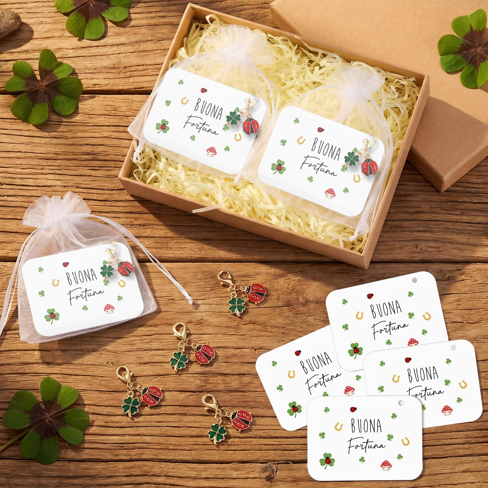 BBTO 18 Set Portafortuna 18 Portachiavi Ciondoli a Forma di Trifoglio e Coccinella 18 Biglietti Portafortuna 18 Piccoli Sacchetti in Organza Regalo per Esami Addio Compleanno Laurea