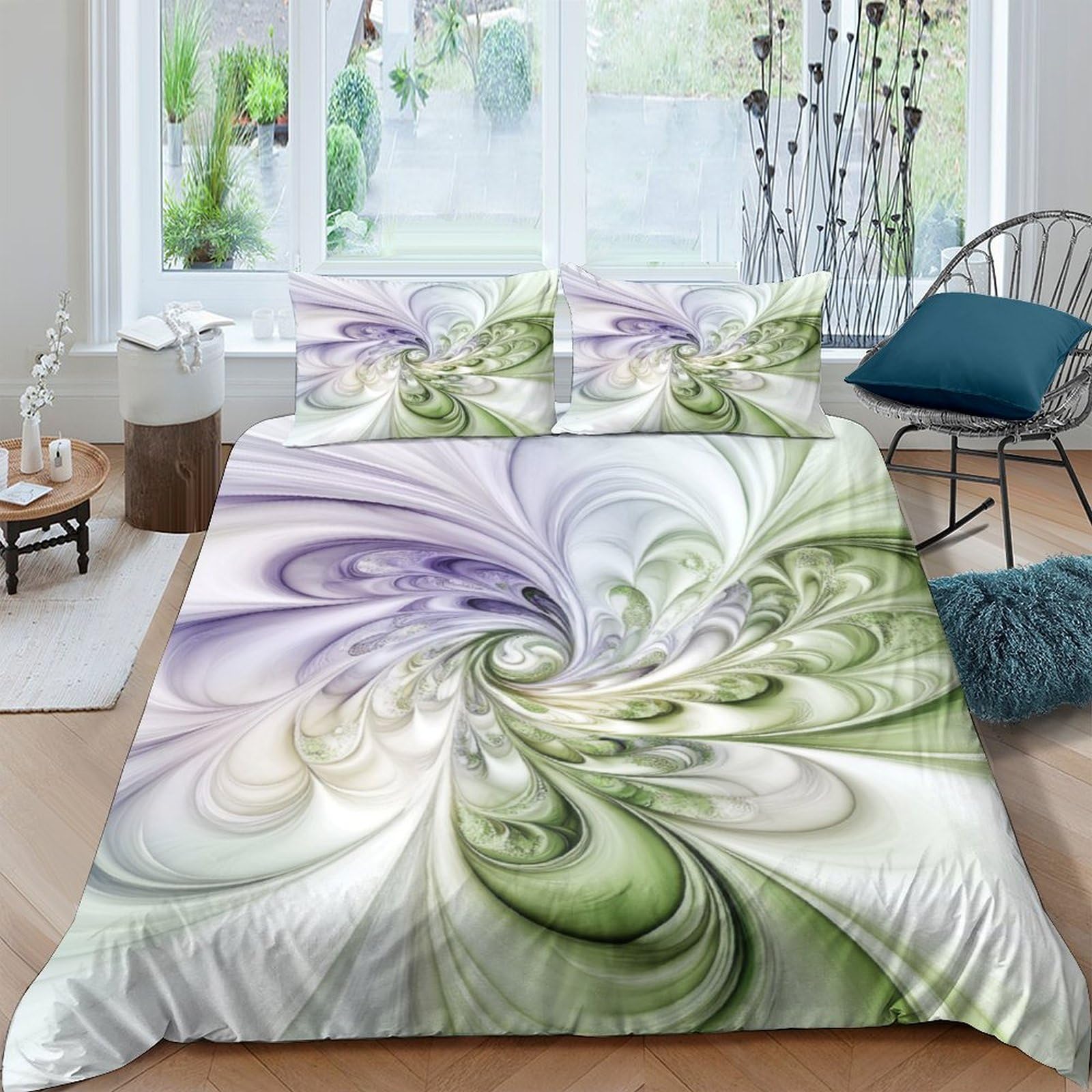 Ctjqhvkz Style-8 3D Printed Abstract Floral Fitted Sheet Microfiber Soft Green Purple Artistic Swirl Mattress Cover For Bedroom Guest Room Decor Single（135X200cm）
