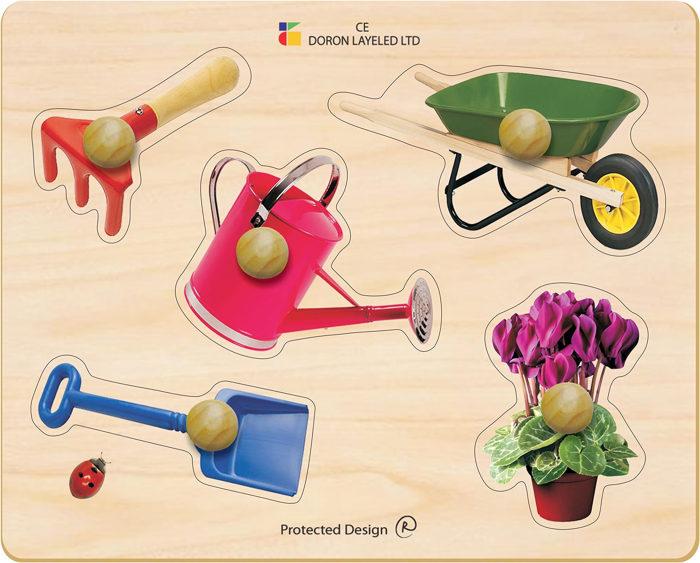 Doron Layeled E72510050, Large Photographic Wooden Peg Puzzle-Garden Tools