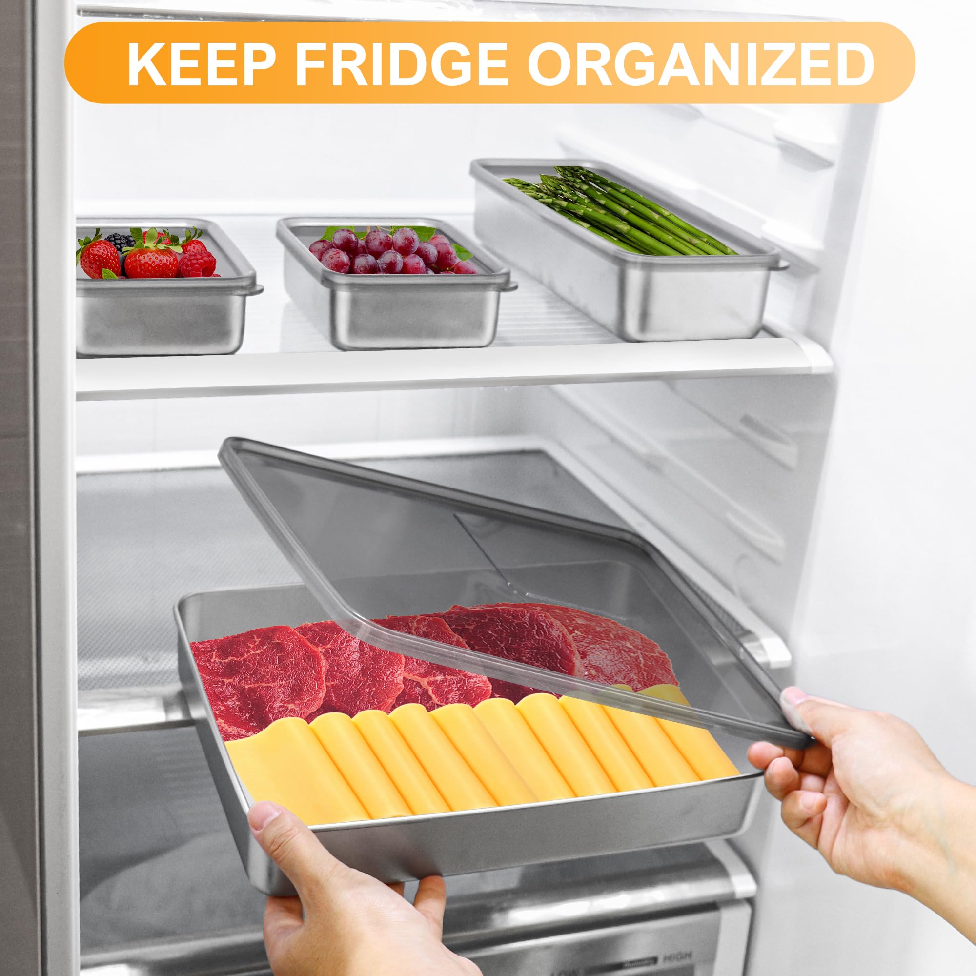 Paquete de 2 recipientes de tocino para refrigerador, contenedor de carne para refrigerador, contenedor hermético 304SS para almacenamiento de alimentos, organizador apilable para refrigerador