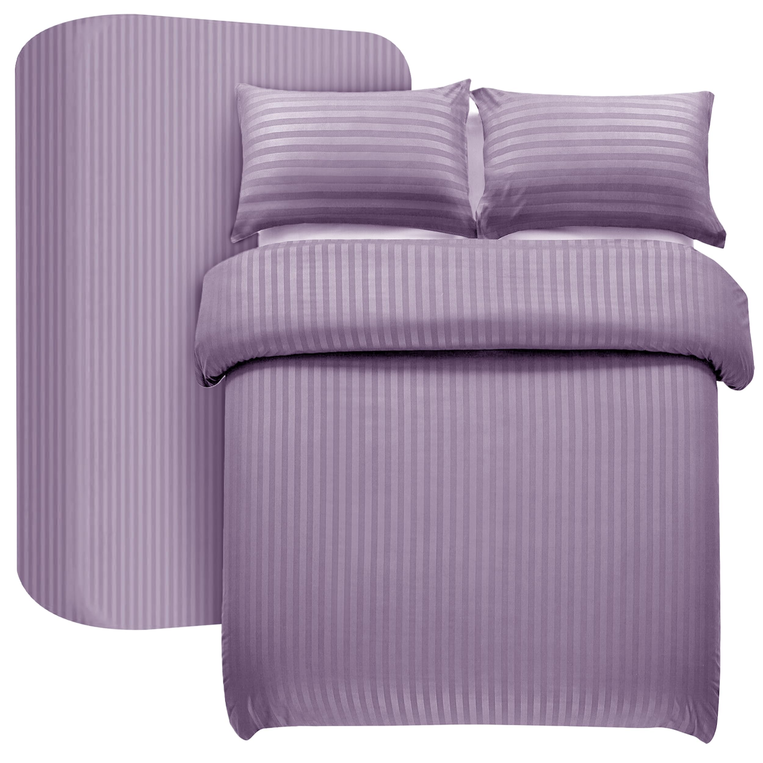My home store 4 Pcs Satin Stripe Duvet Cover with Fitted Sheet 30 CM Deep & 2 Pillow Cases - Double Duvet Cover Set Soft Brushed Microfiber Bedding Set (Lavender)