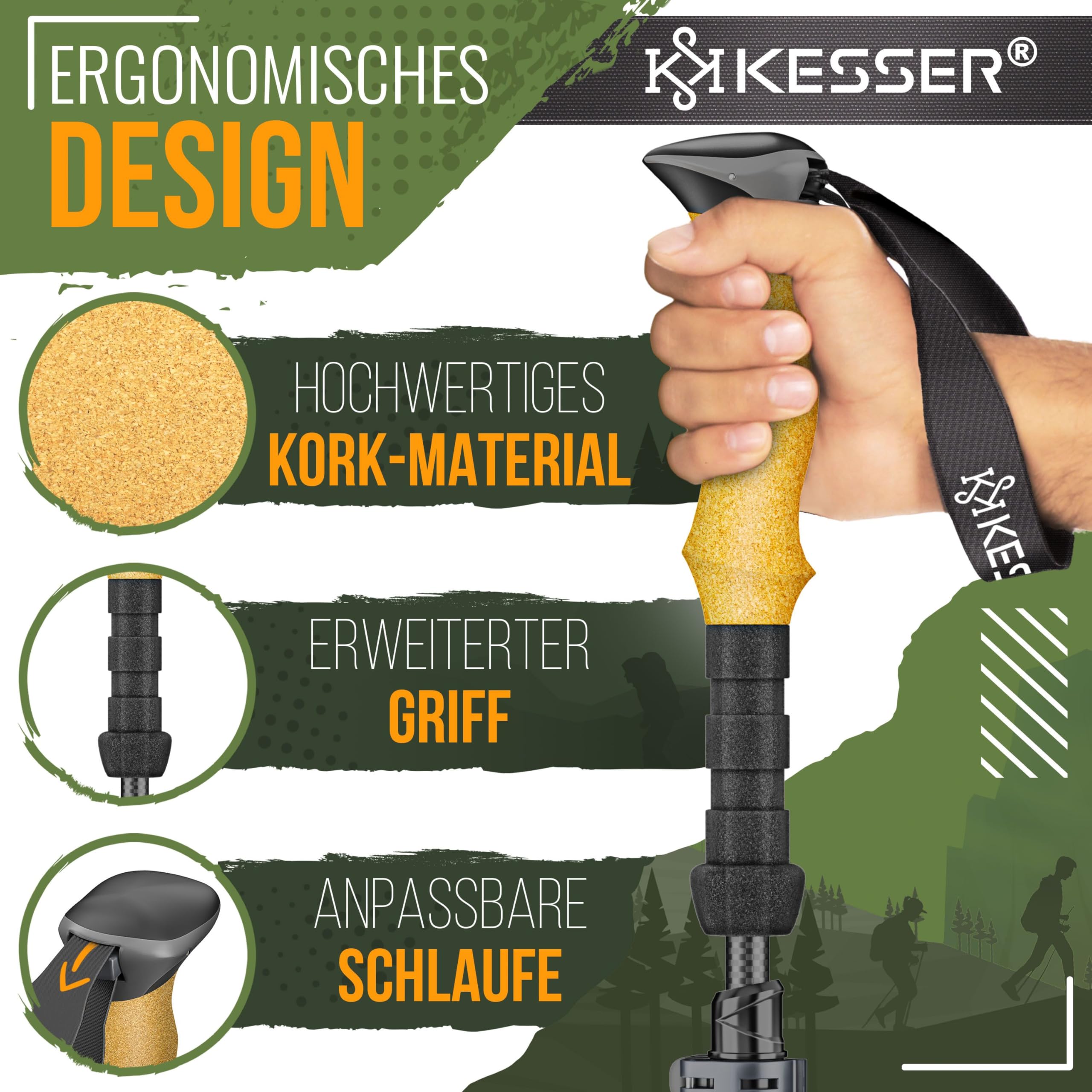 KESSER® Wanderstöcke Aluminium oder Carbon mit Korkgriff | Nordic Walking Stöcke für Damen & Herren faltbar oder Teleskop Trekkingstöcke zum Wandern, Trekking, Skitour & Bergsport inkl. Camping-Licht