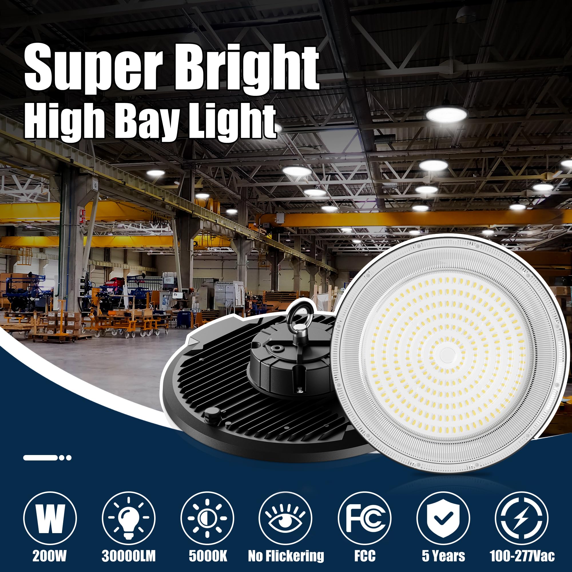 UFO LED High Bay Light 200W 30000LM 5000K AC100-277V UFO High Bay LED Shop Light with Plug Alternative — view 2