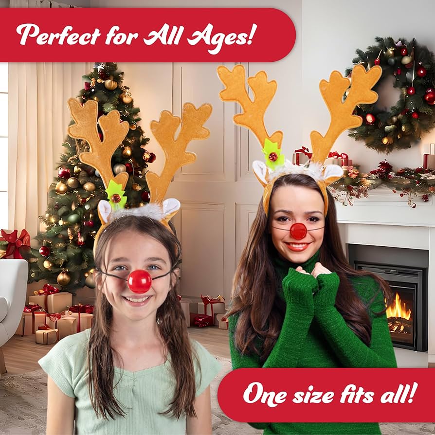 Women Girls Christmas Cosplay Deer Costume Accessories Antler Headband Red Nose Skirts Dress Up Props For Adults Teenagers Kids