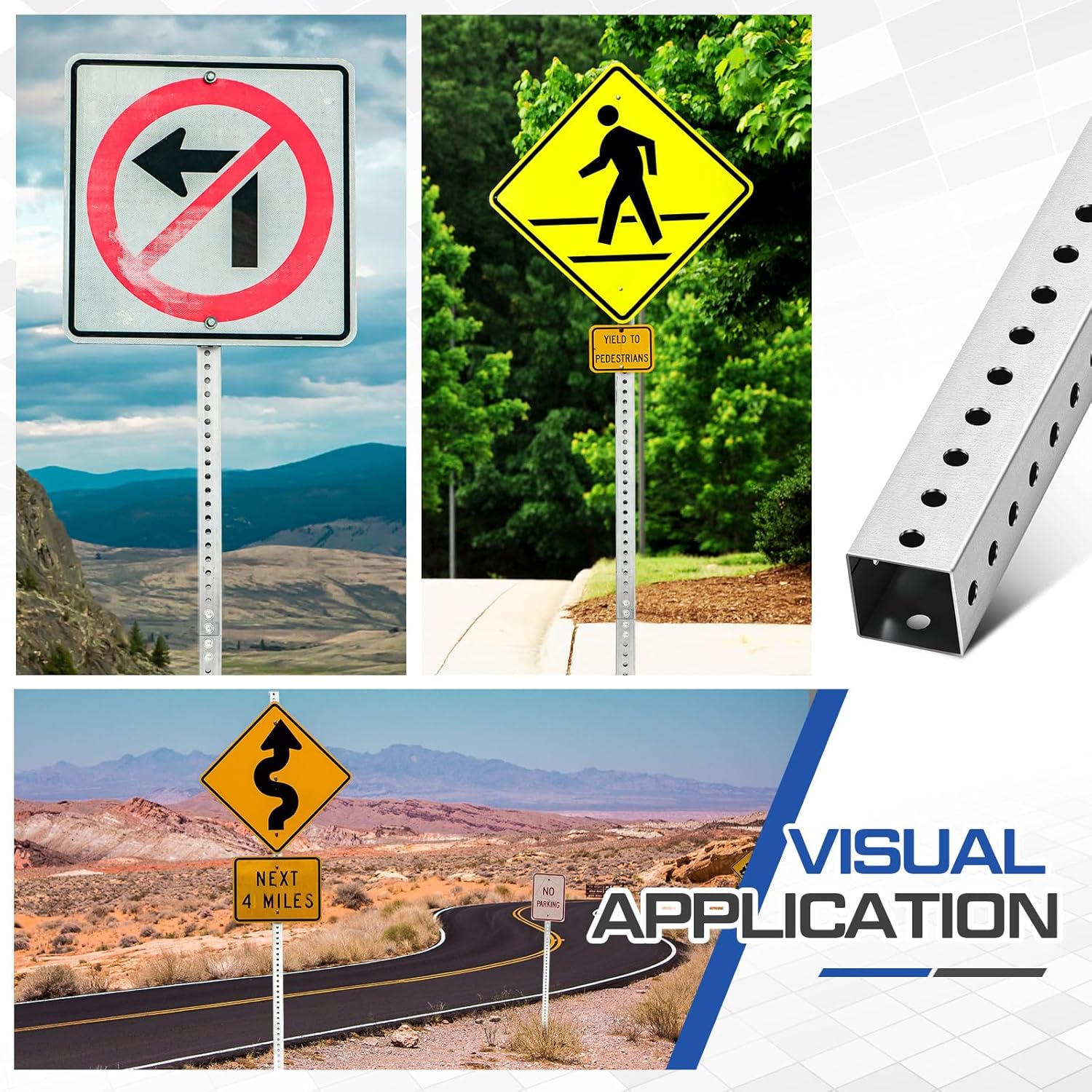 2 Pcs 8 ft H x 1-3/4 in W Square Sign Post with 7/16" Dia Mounting Holes Galvanized Steel Metal Poles Outside Rust Resistant Perforated Tube for Street, Parking, Construction (Silver)