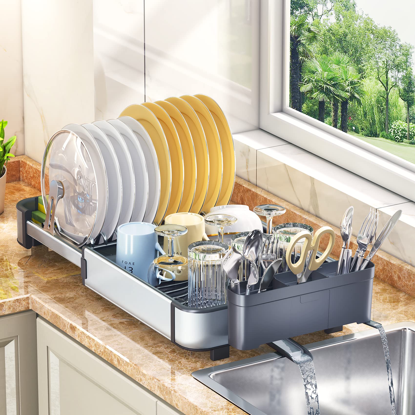 Dish Drying Rack, Kitchen Counter Dish Drainer Rack Expandable (14.9"-22.3") Rustproof Aluminium Organizer with Dual Spout Utensil Holder Over Sink Caddy, Silver Grey