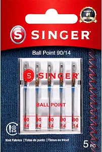 SINGER Ball Point Sewing Machine Needles, Size 90/14 - 5 Count