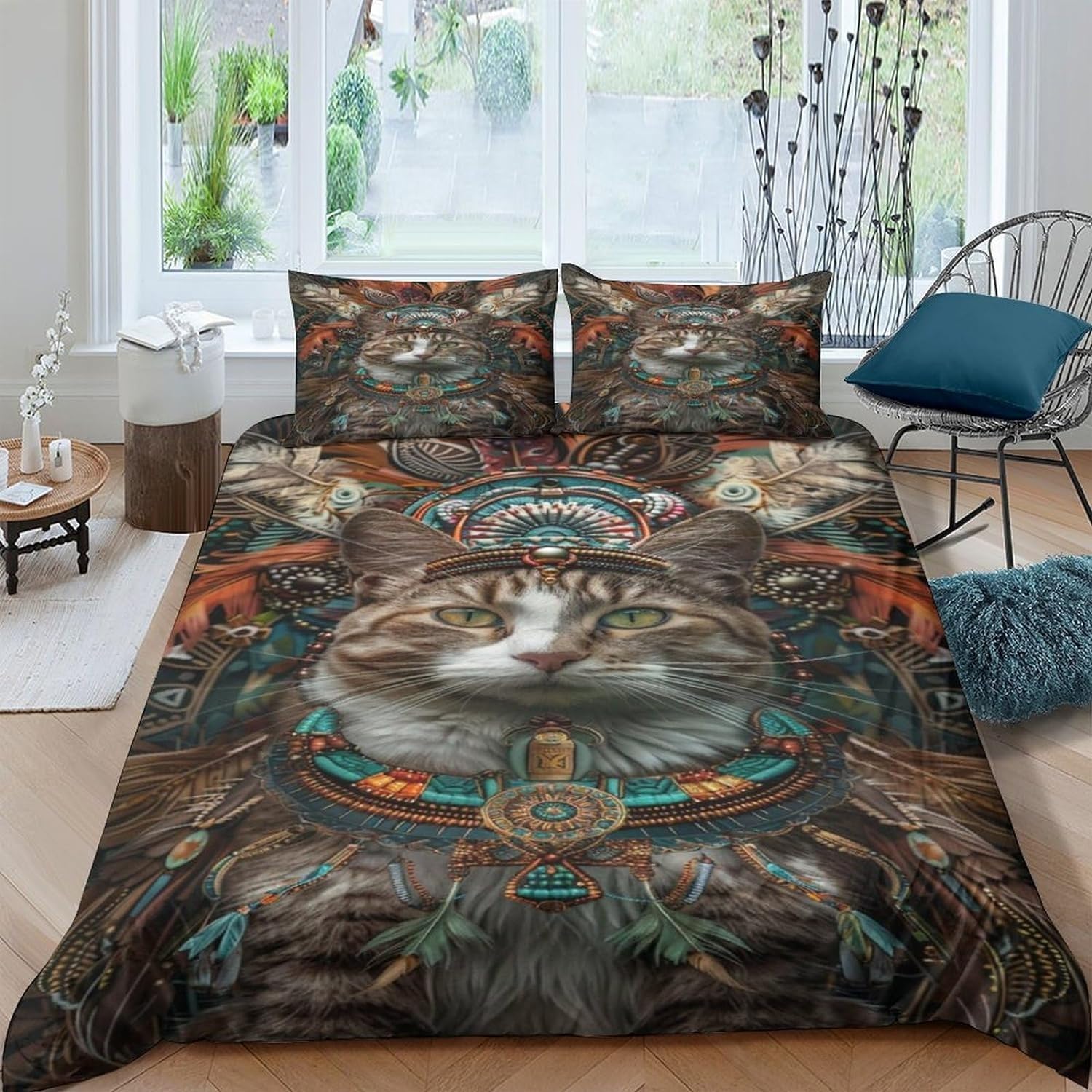 Housse de couette 200x200 chat sans pli fermeture zippée parure microfibre