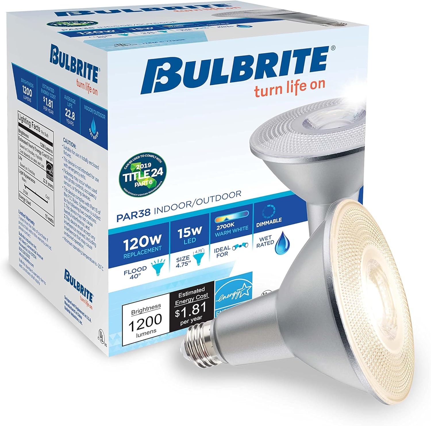 Bulbrite 15 Watt Dimmable PAR38 Wet Rated 90 CRI Flood LED Light Bulb with Medium (E26) Base, 2700K Warm White Light, 1200 Lumens
