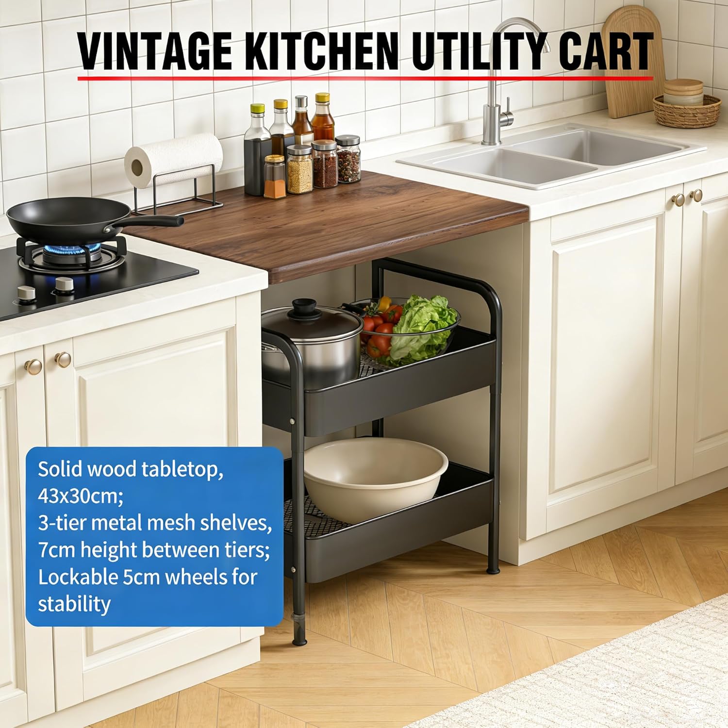 3 Tier Rolling Utility Cart Organizer with Walnut Table Top, Metal Stable and Sturdy Rolling Storage Carts with 2 Lockable Wheels for Kitchen，Snacks，Coffee，Bathroom，Makeup，Craft
