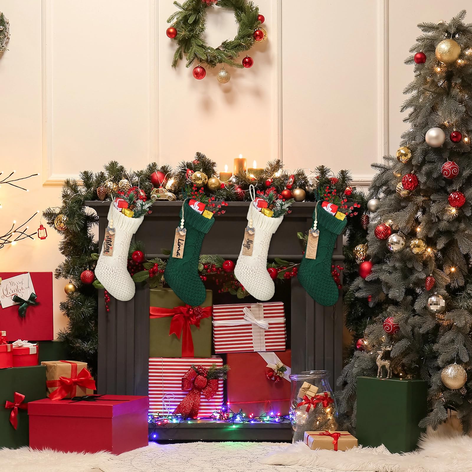 Cozypower Weihnachtsstrümpfe mit Namensschild, 45,7 cm, große Zopfstrickstrümpfe, Weihnachtsstrumpf, Kamin, hängende Strumpf, Geschenktüten für Kamin, Weihnachtsbaumschmuck (weiß, grün), 4 Stück