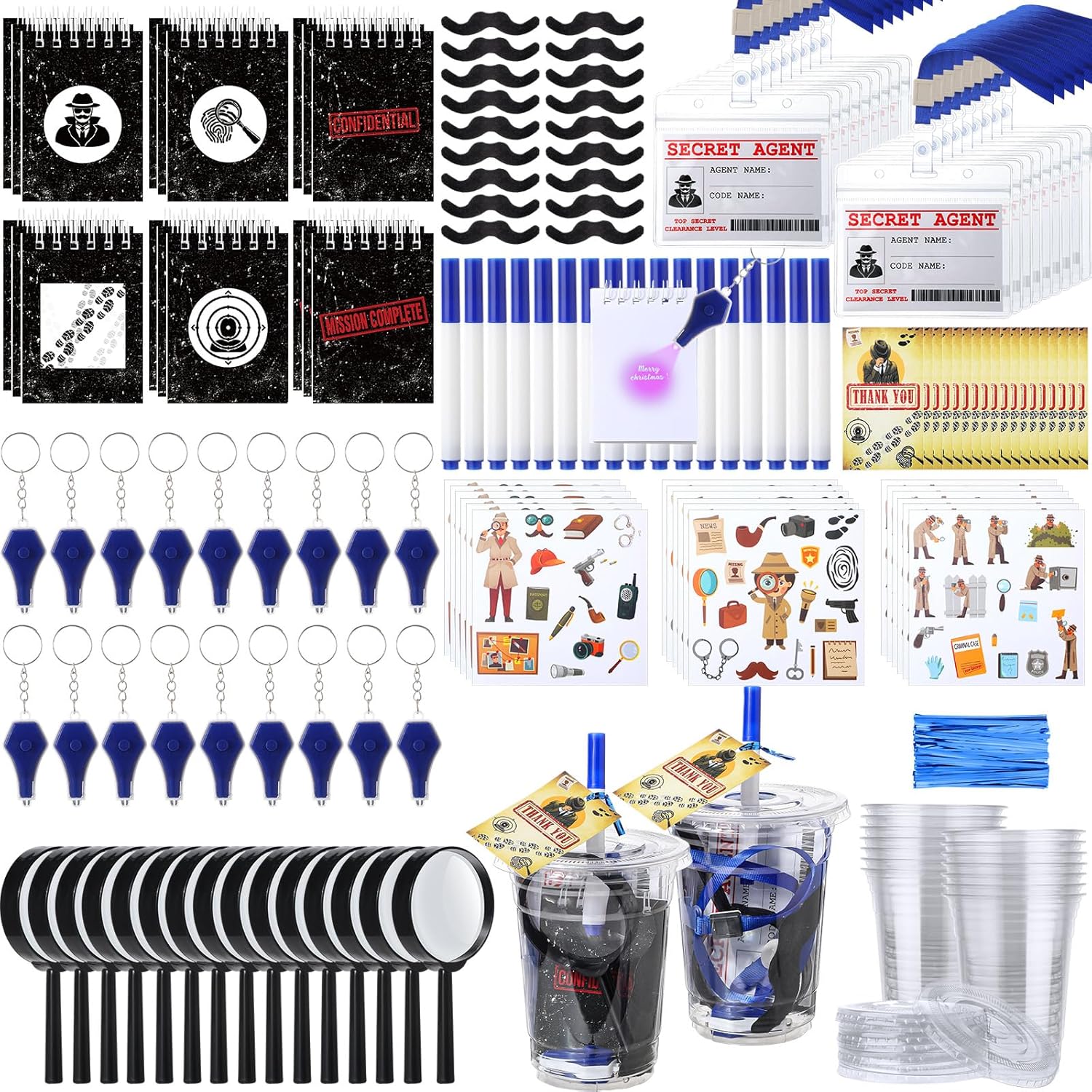 163 Pcs Spy Detective Party Favors Invisible Ink Pen UV Mini Keychain Flashlight Spiral Mini Notebooks Secret Agent ID Card Holder Magnifying Glasses Fake Mustache Cup Sticker Party Card
